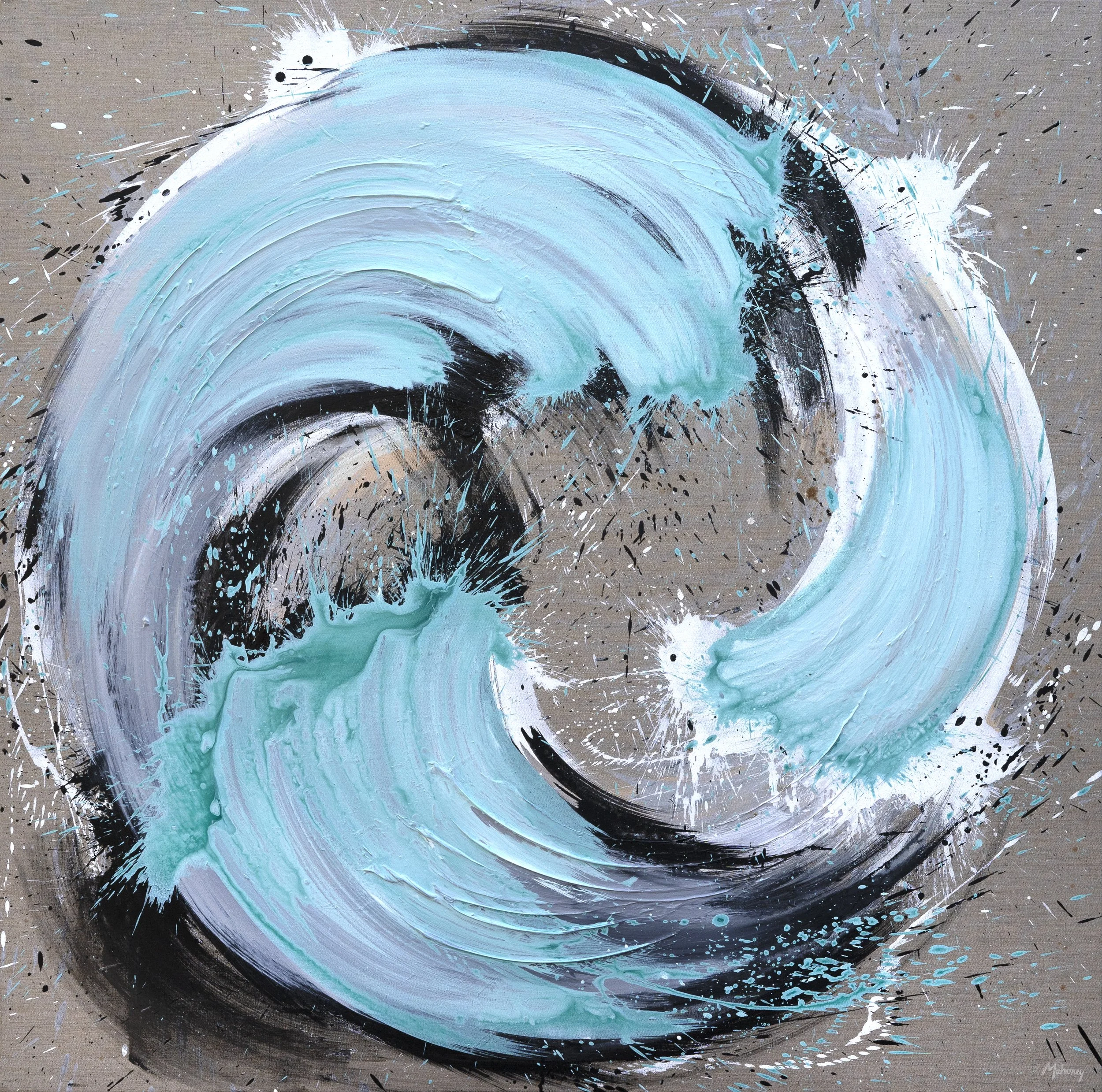 Abstract painting of a large wave in shades of light blue, white, black, and hints of gray, with dynamic splatters and bold brushstrokes.
