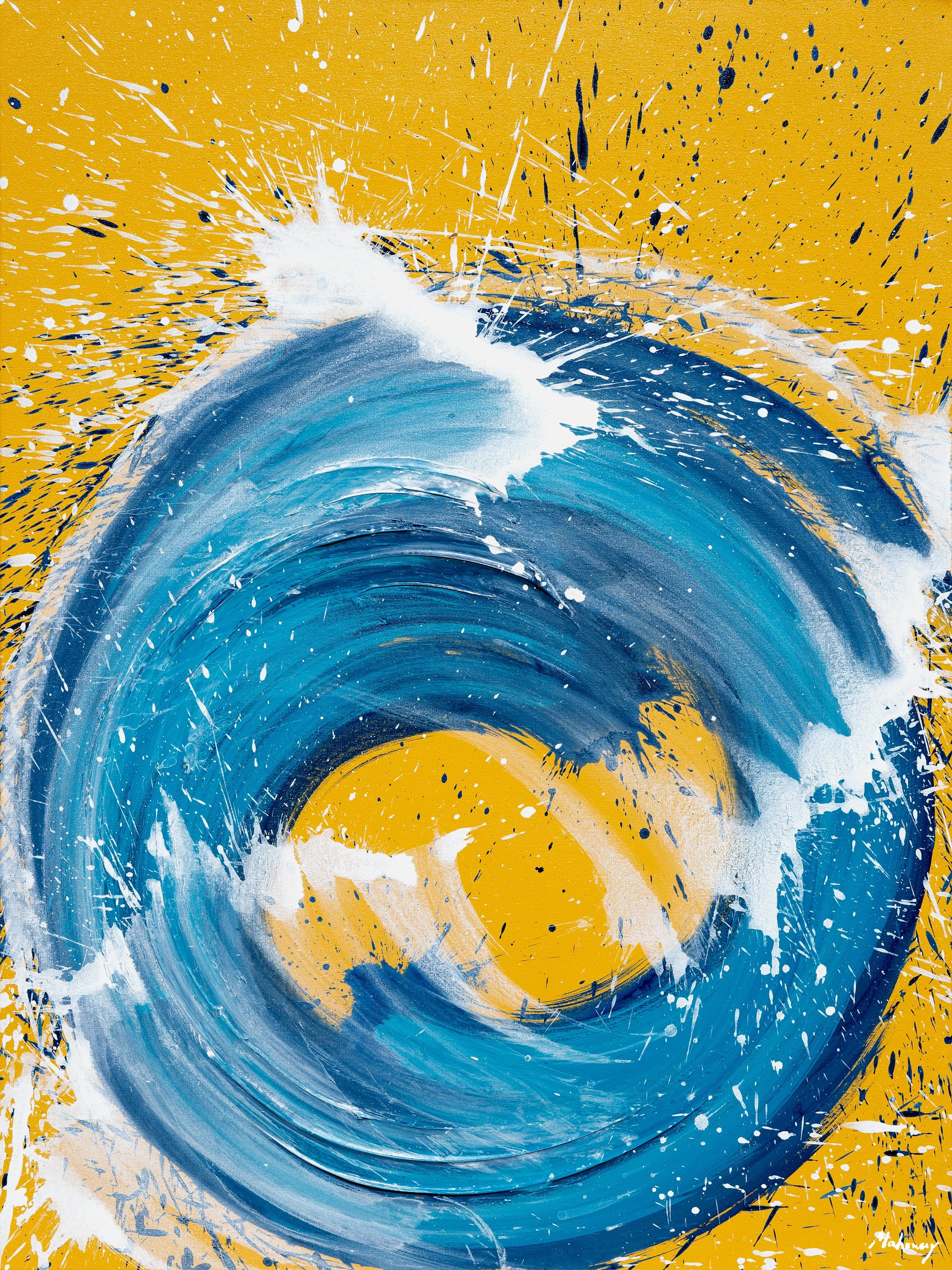 Abstract painting with a large blue wave on a yellow background, featuring splashes and streaks of white and dark blue.