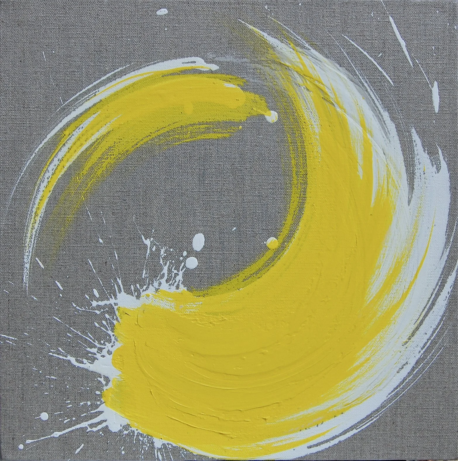 Abstract painting with yellow, white, and gray brushstrokes on a textured gray background.