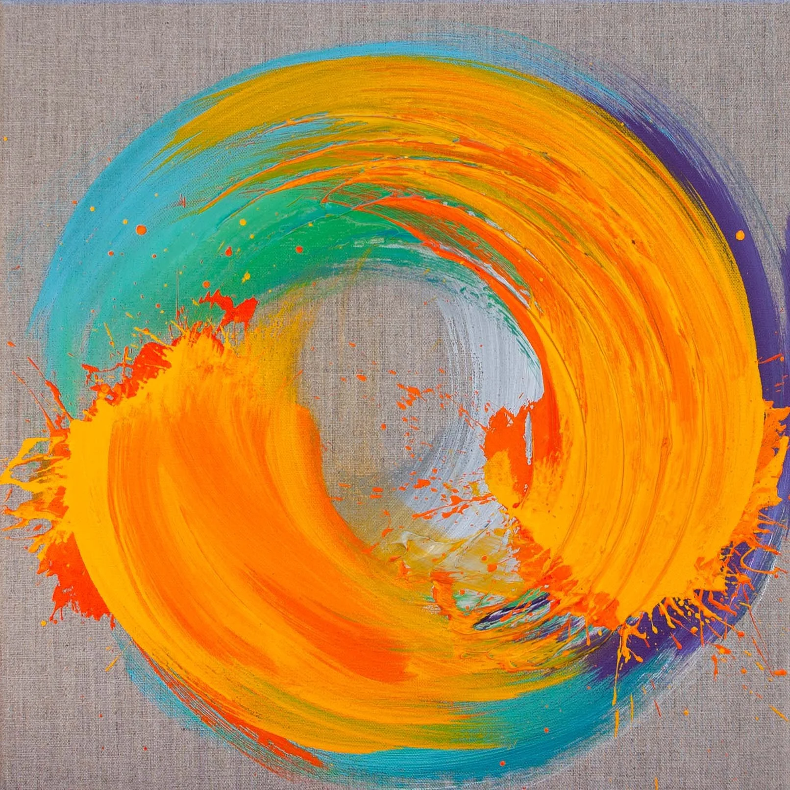 Abstract painting with a swirl of vibrant colors including blue, green, yellow, orange, purple, and gray on a textured canvas background.