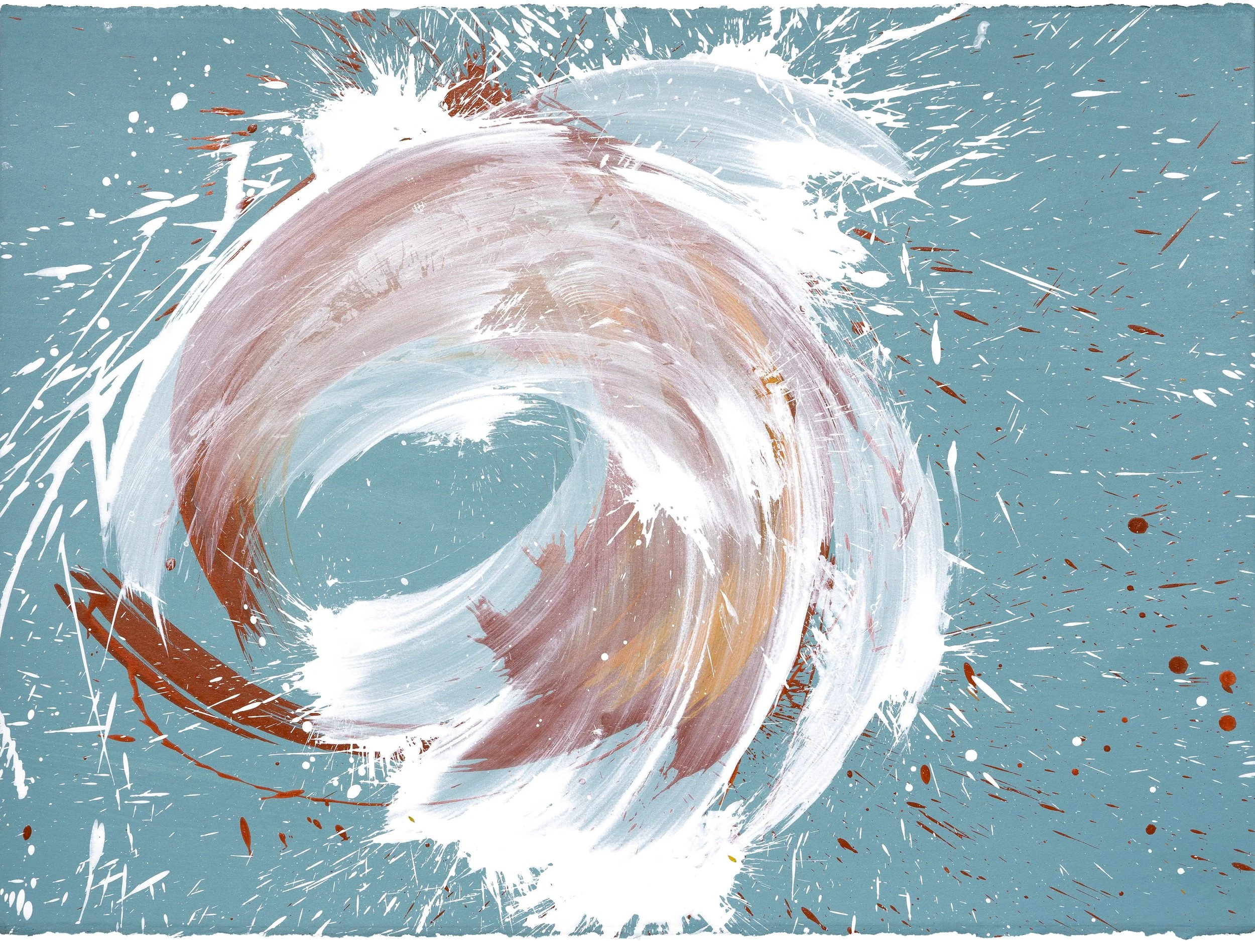 Abstract painting with swirls and splatters of white, brown, and copper on a blue background.