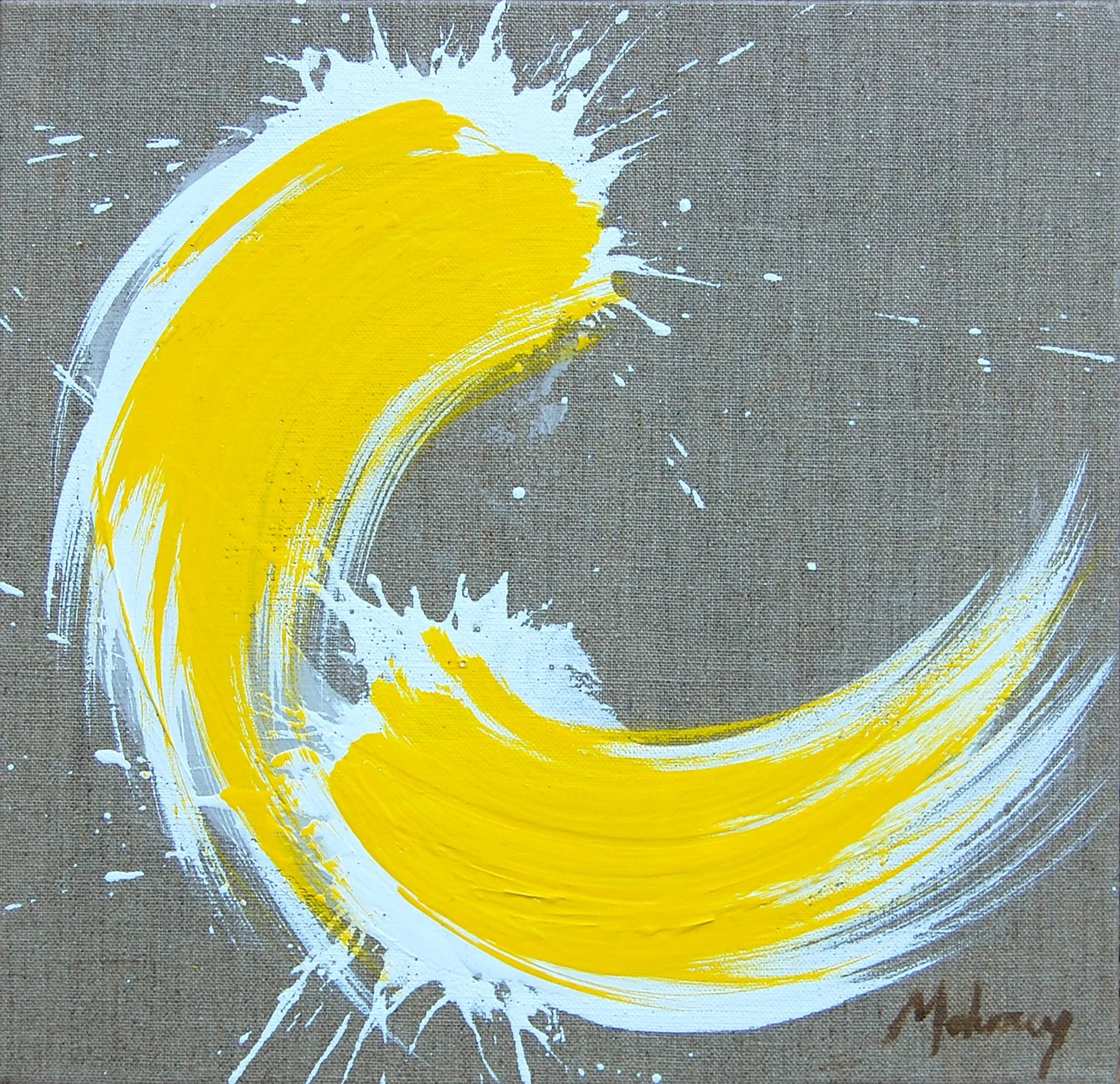 Abstract painting of a crescent moon in yellow, white, and gray on a textured beige background with white splatters.