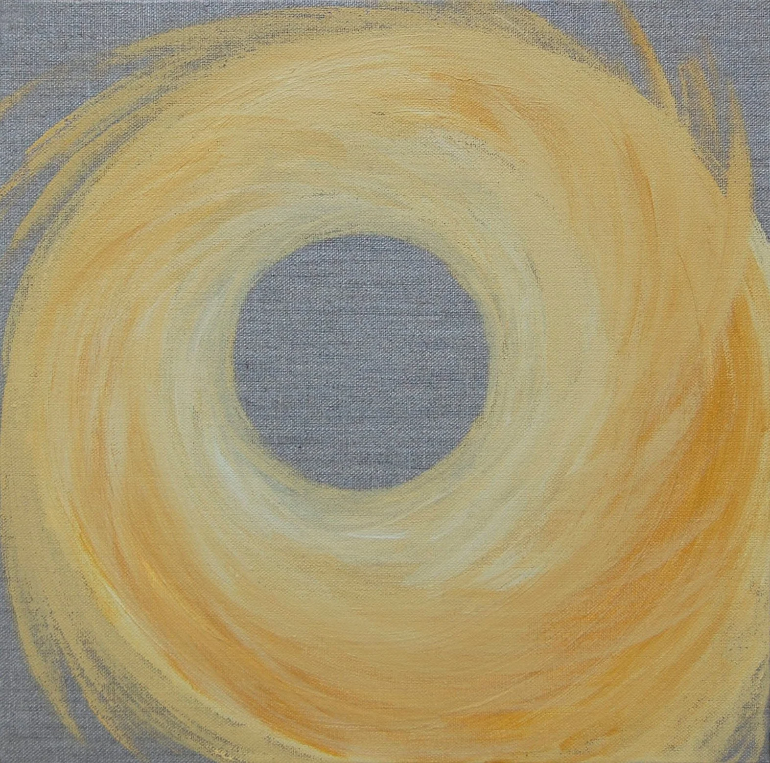 Abstract painting with a central dark gray circle surrounded by swirling shades of yellow and orange.