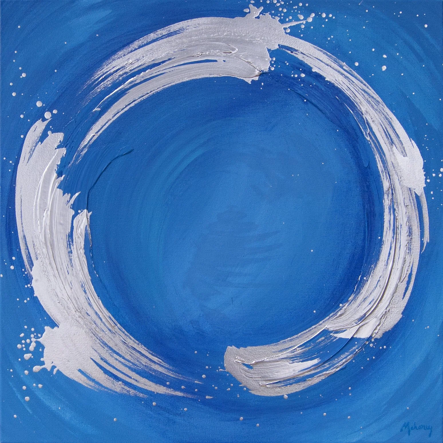 Blue abstract painting with a large white circular swirl in the center, surrounded by small white splatters.