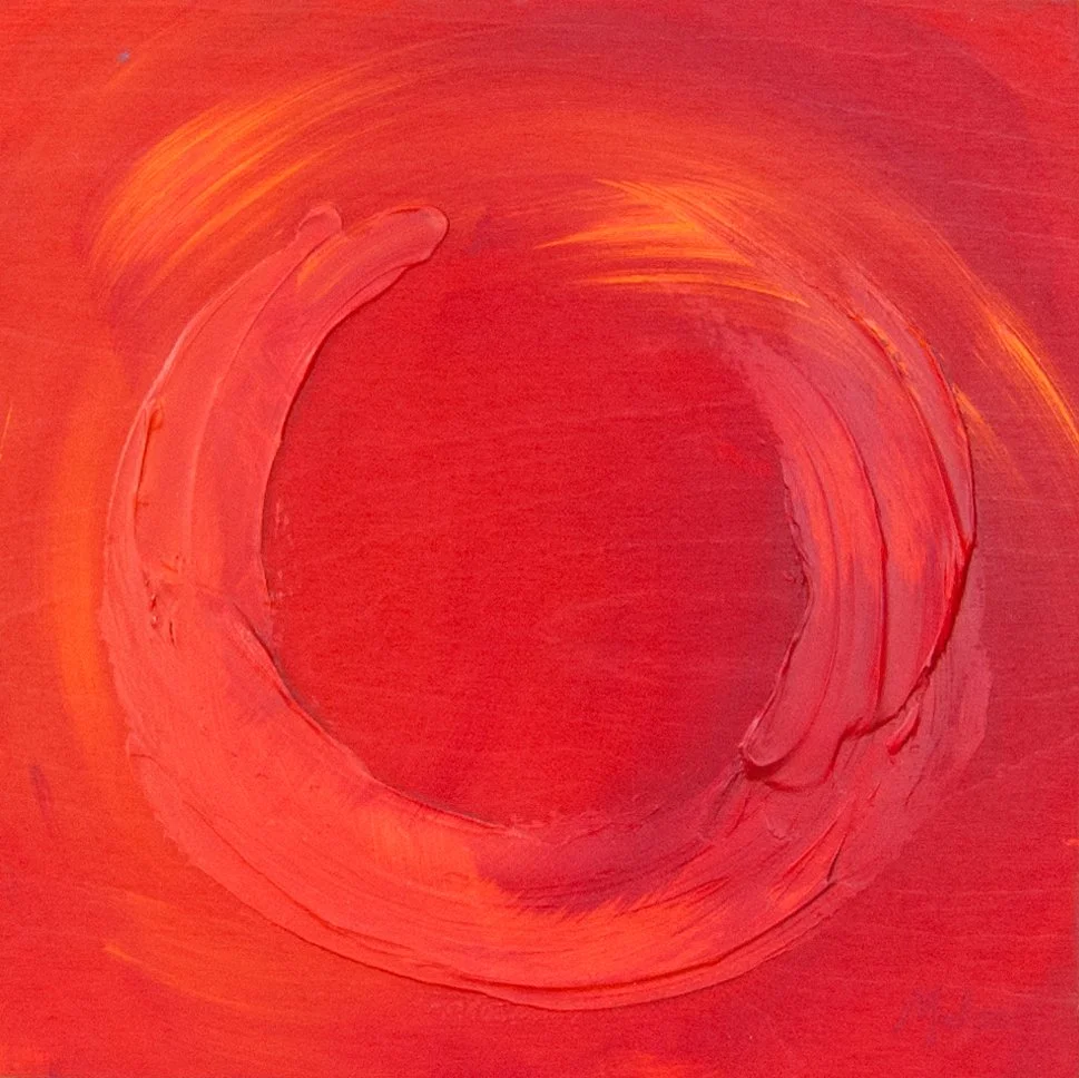 Abstract red circle with textured brushstrokes on a red background.