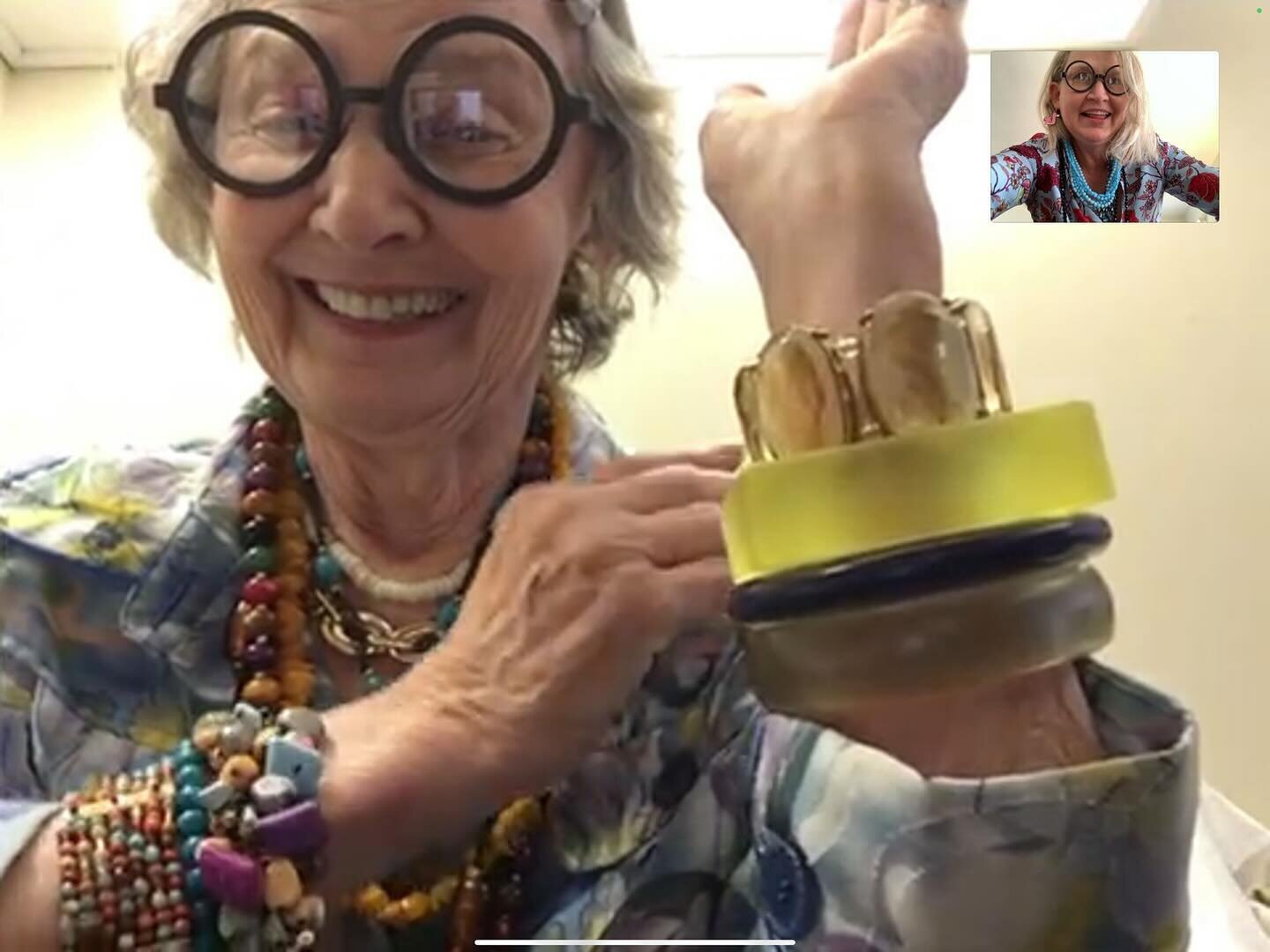 Thinking of Iris Apfel this week, and what an incredible life force she was!

Also this great photo memory popped up today, of my Mom and I video chatting and wearing our @iris.apfel inspired jewelry and glasses!

And celebrating my kind and strong M