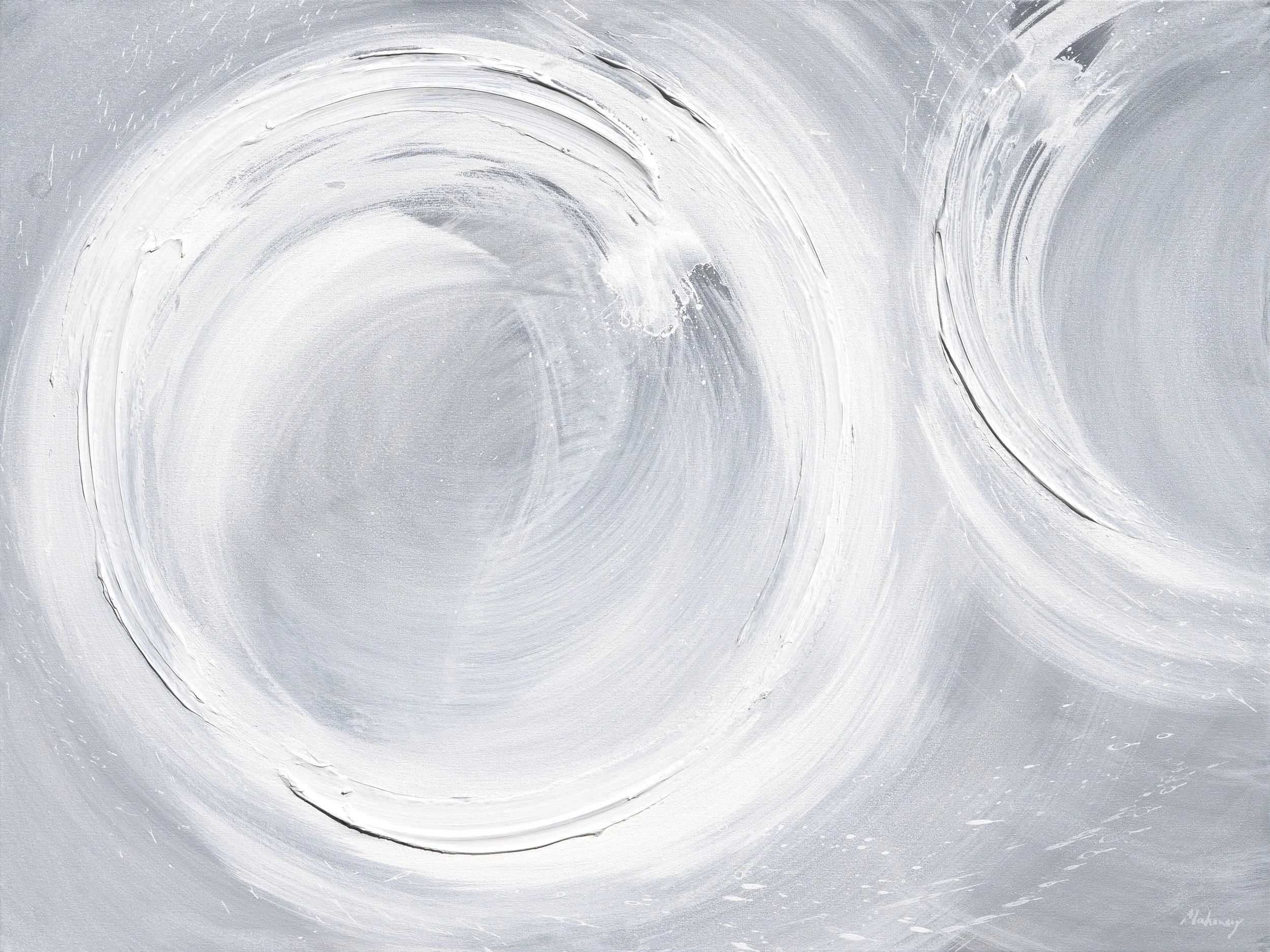 Abstract painting with white and gray swirling circular brushstrokes on canvas.