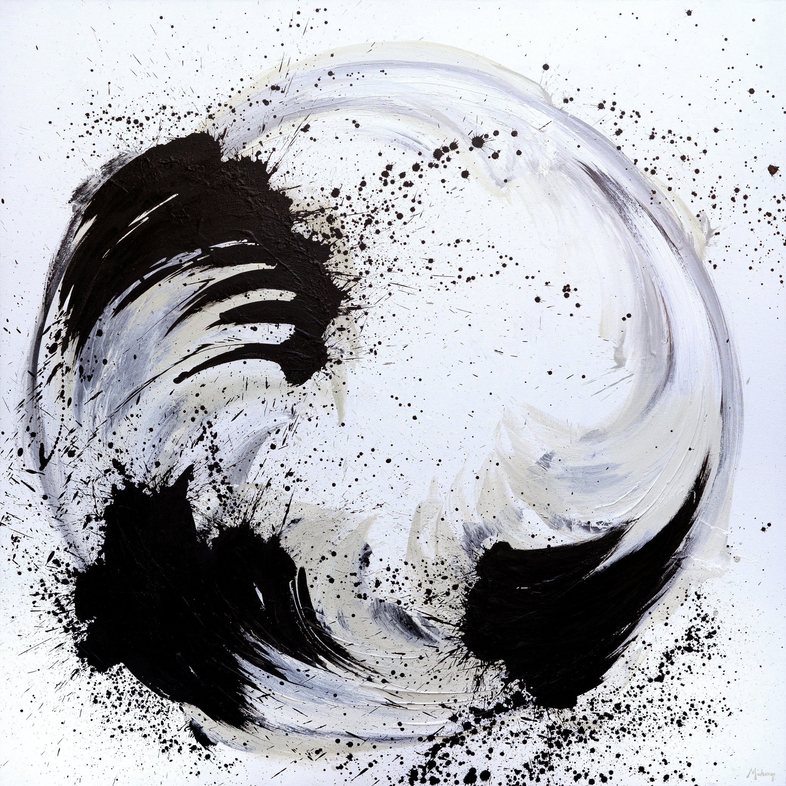 Abstract black and white ink splash art with sweeping curved strokes and splatters on a white background.