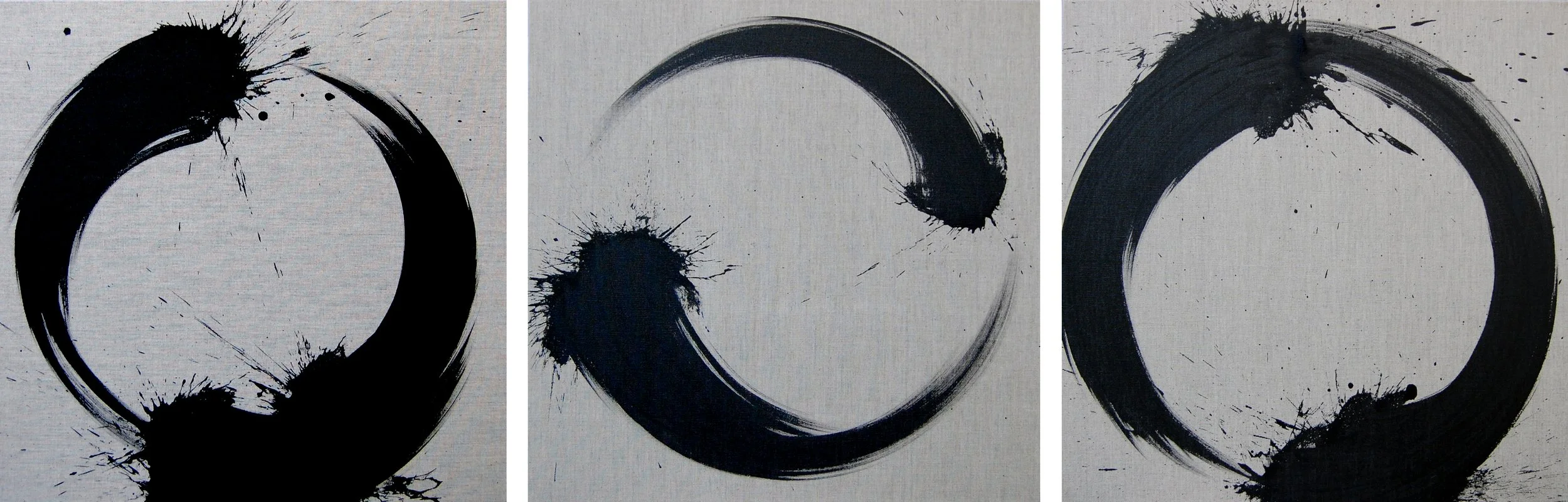 Triptych abstract black ink brush painting on white canvas, featuring three large circular shapes with splatters and dynamic strokes.