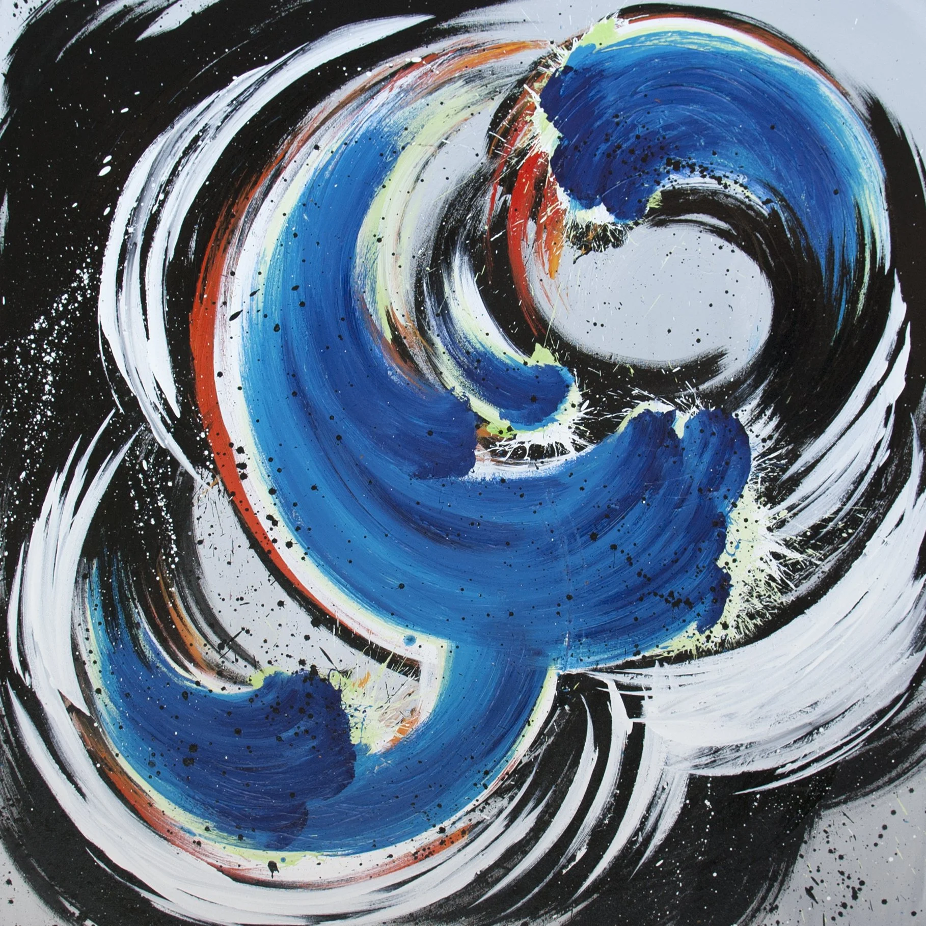 Abstract painting of swirling blue, black, white, and hints of red and yellow colors, resembling a vortex or cyclone.
