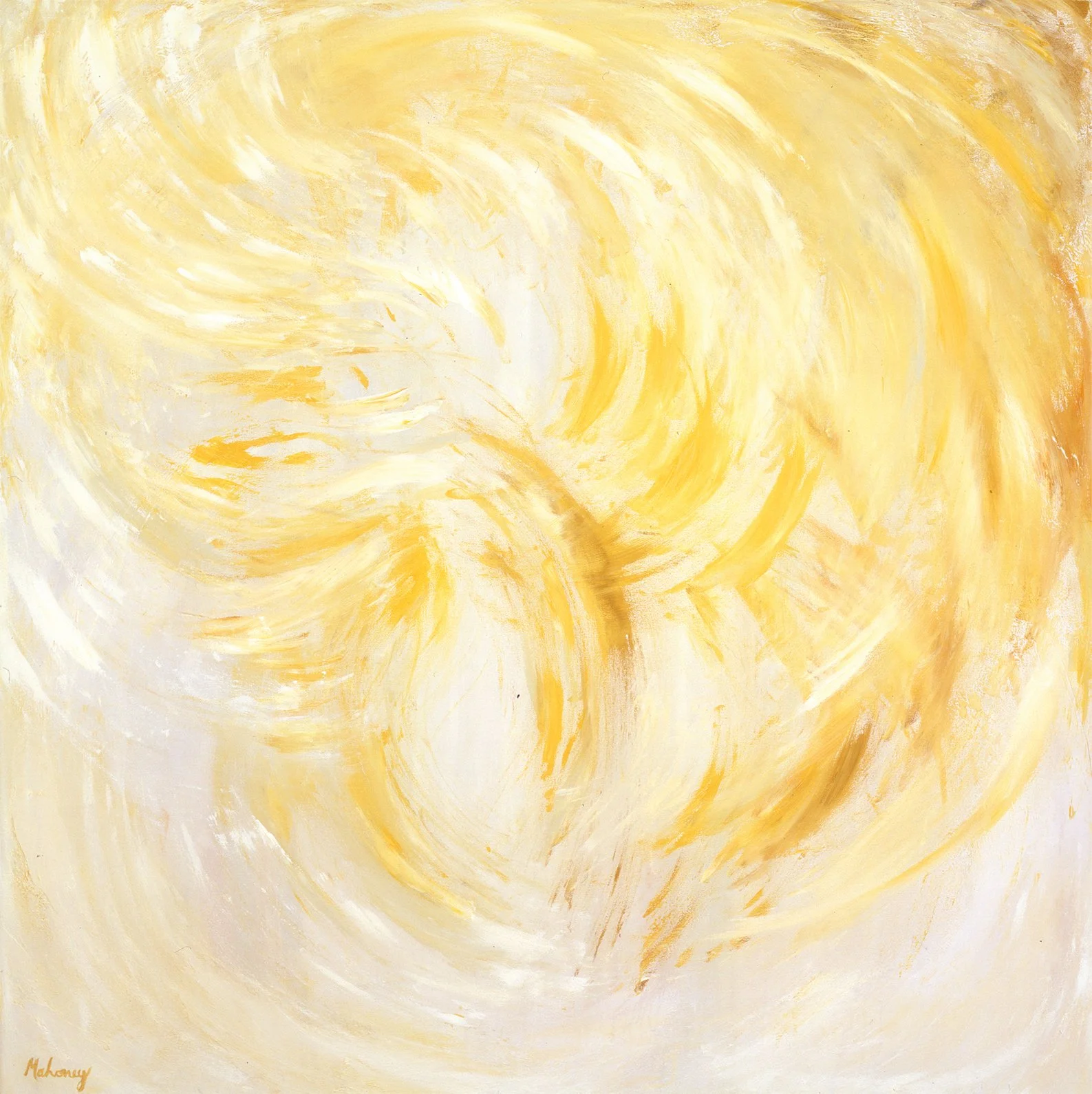 Abstract artwork with swirling strokes of yellow and white colors.