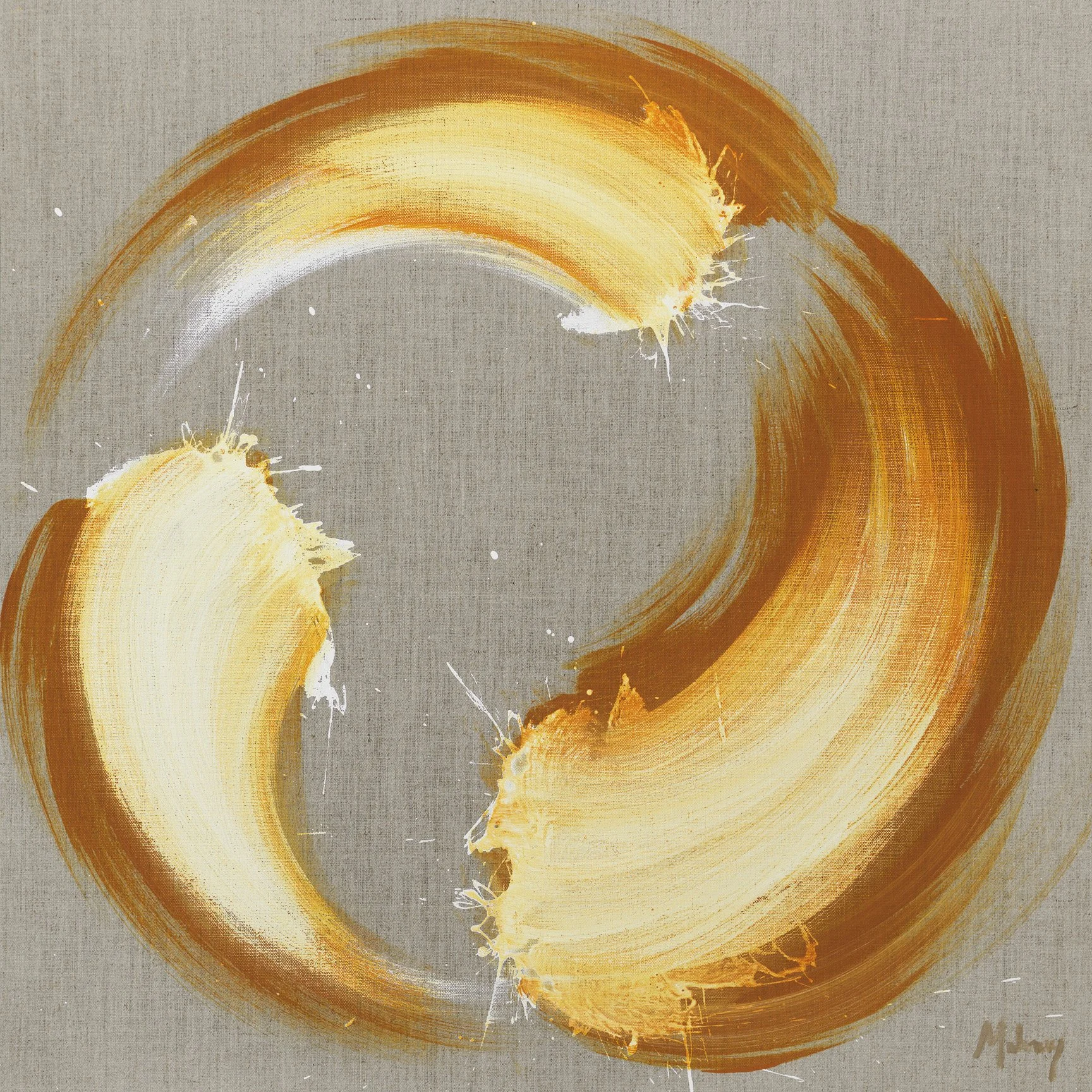Abstract painting of circular shapes with orange, yellow, and white brushstrokes on a gray background.