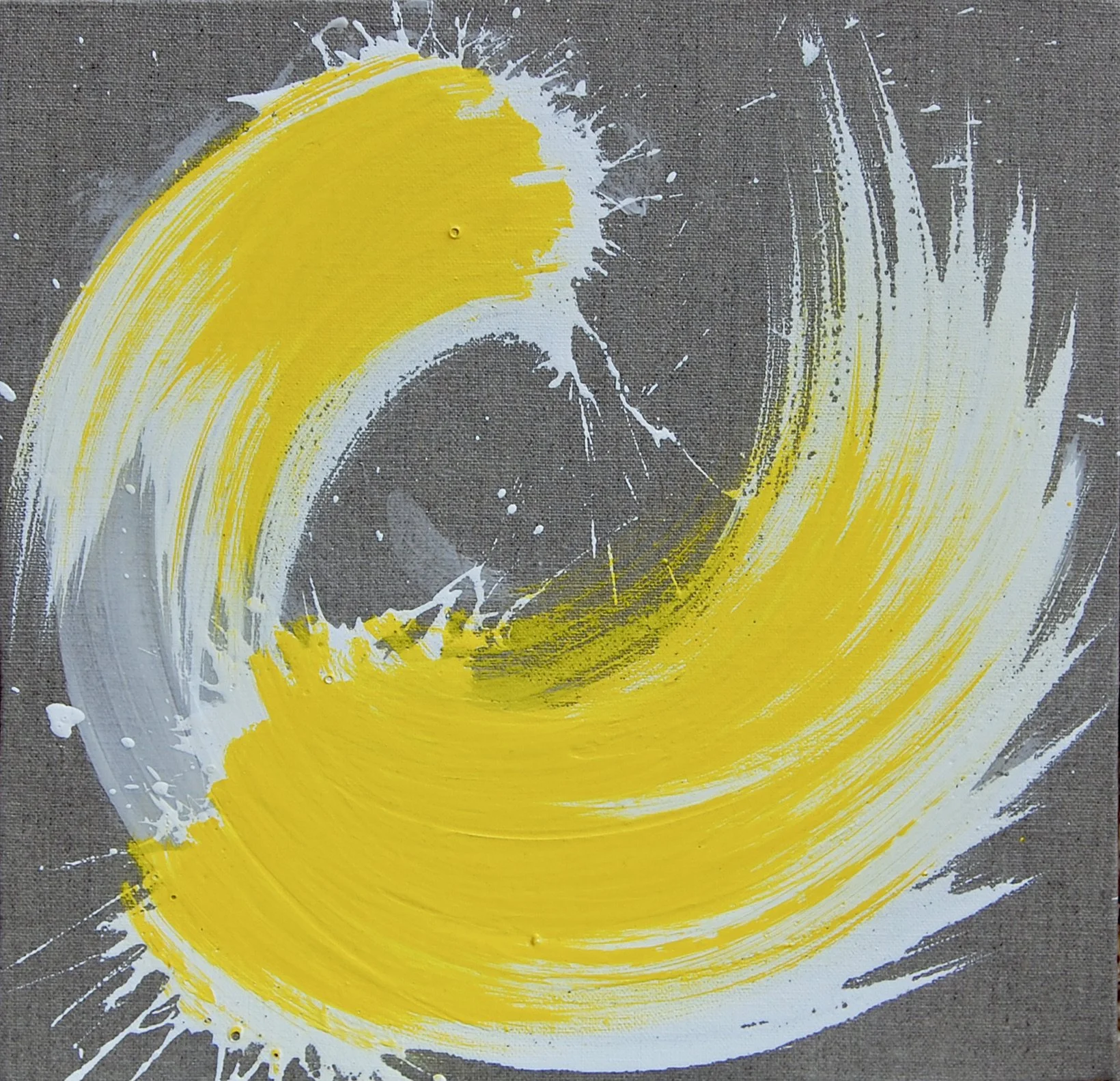Abstract painting with a gray background and bold yellow, white, and gray brushstrokes forming a circular pattern.