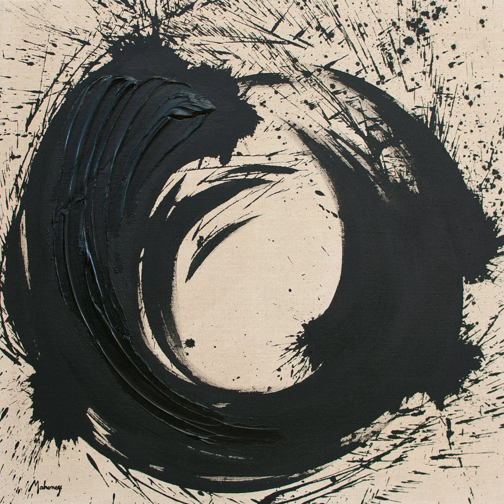 An abstract black ink painting on a beige background, featuring bold, sweeping brushstrokes and splatters creating a circular pattern.