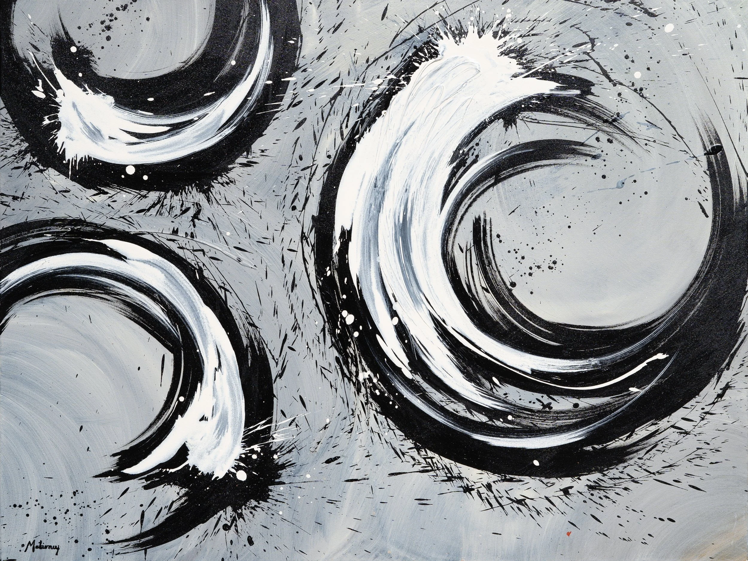 Abstract black and white painting with circular brushstrokes and splatters on a gray background.