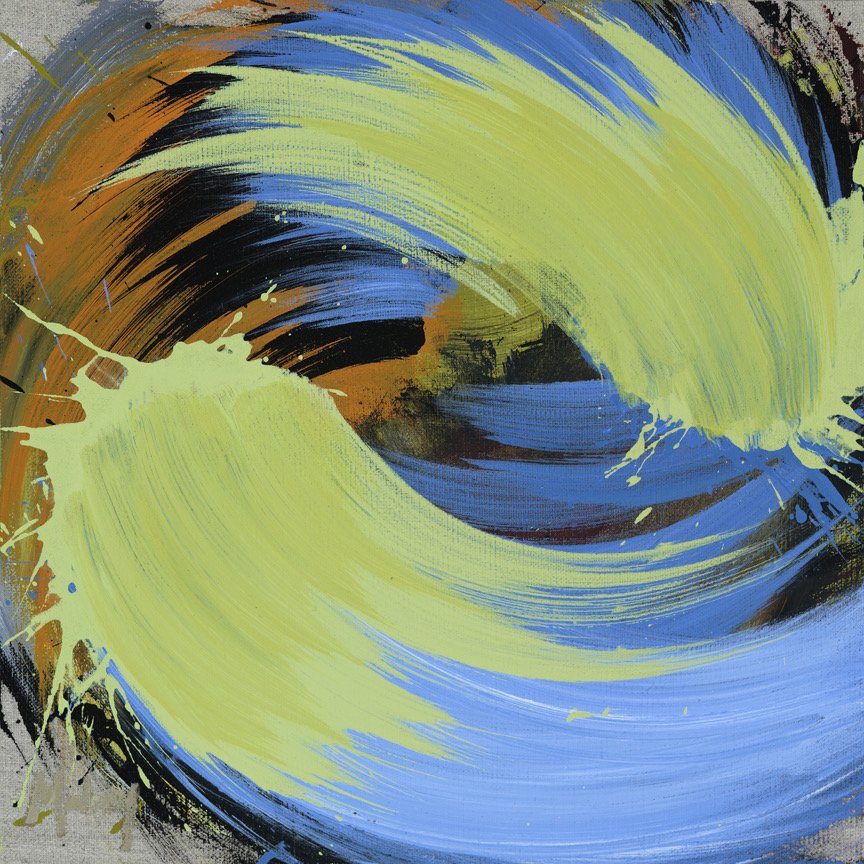 Abstract painting with sweeping curved brushstrokes in yellow, blue, black, brown, and gray colors.