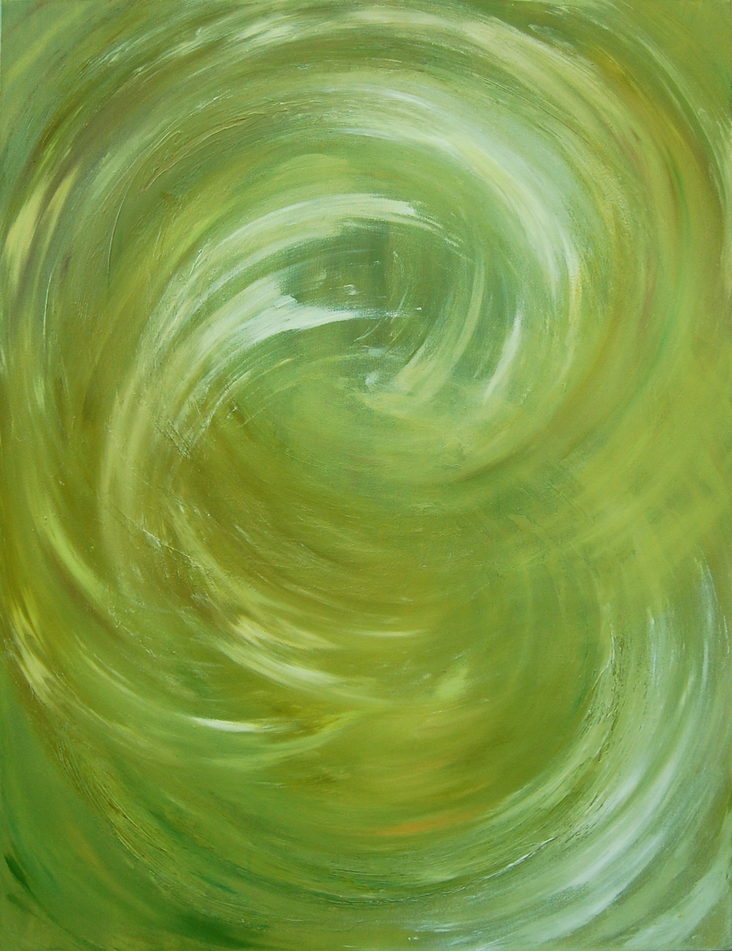 Abstract painting with swirling green shades, resembling a vortex or whirlpool.