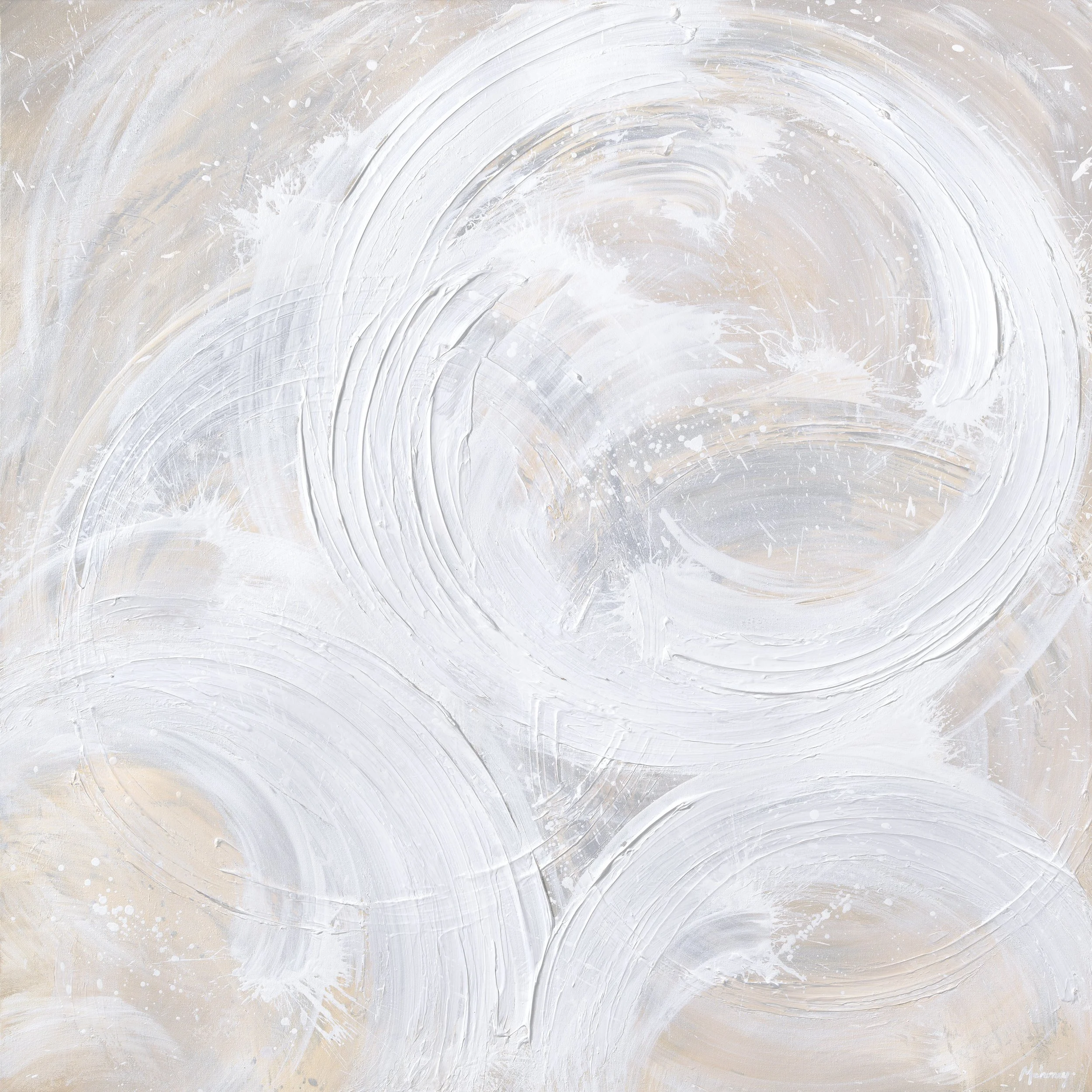 Abstract painting with white brushstrokes on a beige background.