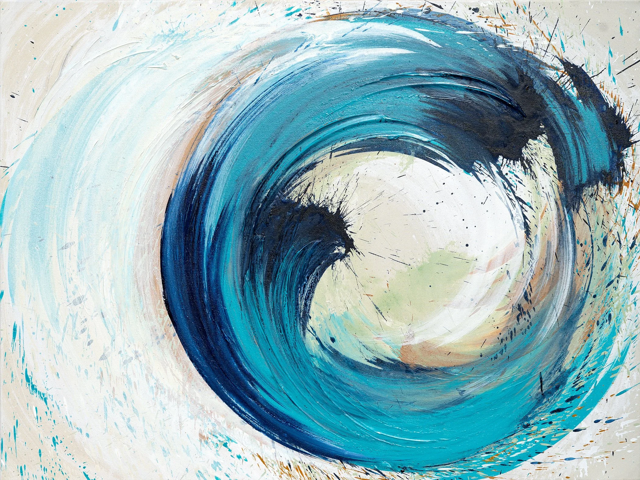 Abstract painting of a large blue wave with splashes and streaks of paint on a light background.