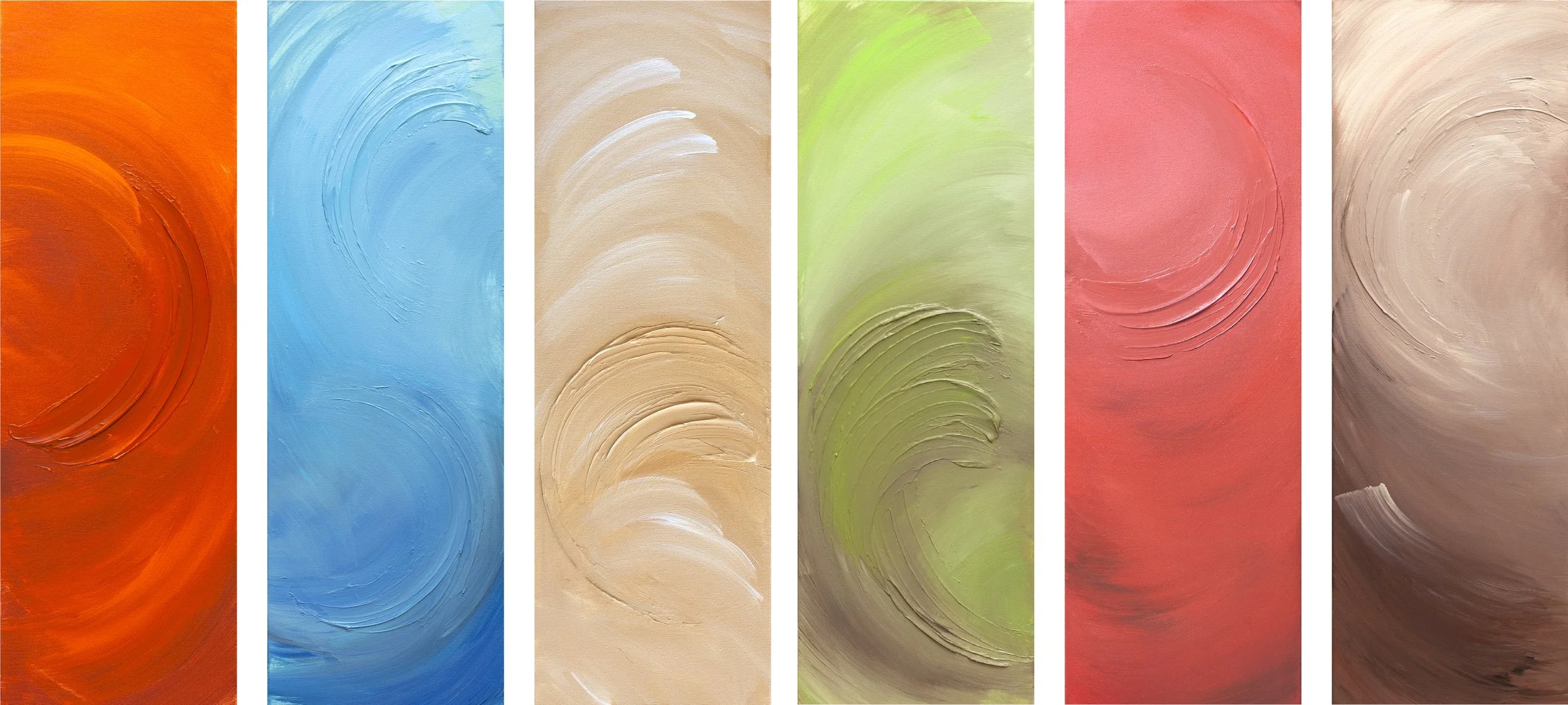Six vertical abstract paintings with swirling patterns, each in different colors: orange, blue, beige, green, red, and brown.