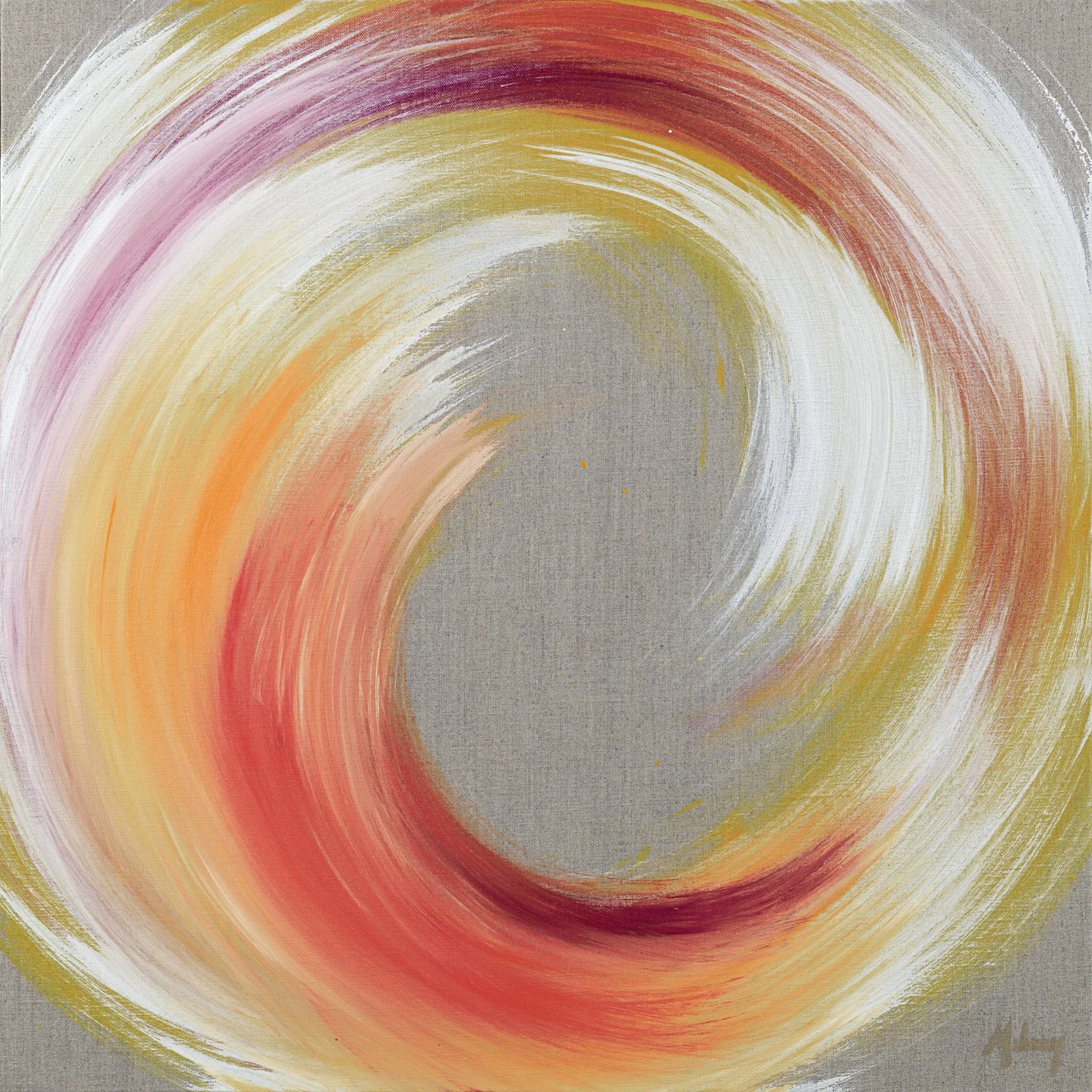 Abstract swirl of warm colors including red, orange, yellow, pink, white, and gray on a textured canvas background.