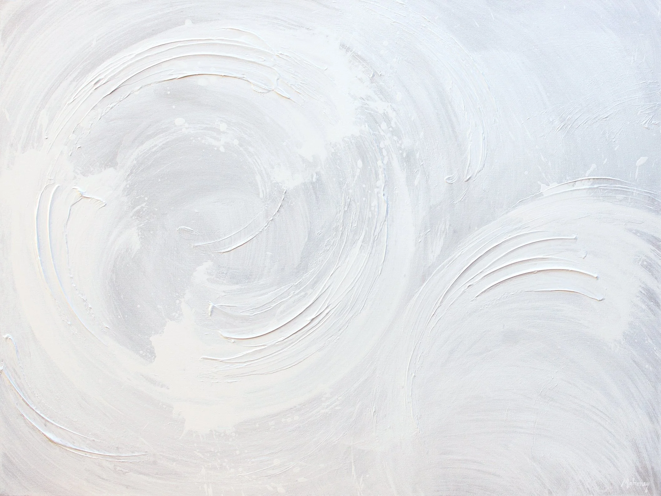 White abstract textured painting with spiral and curved brushstrokes.