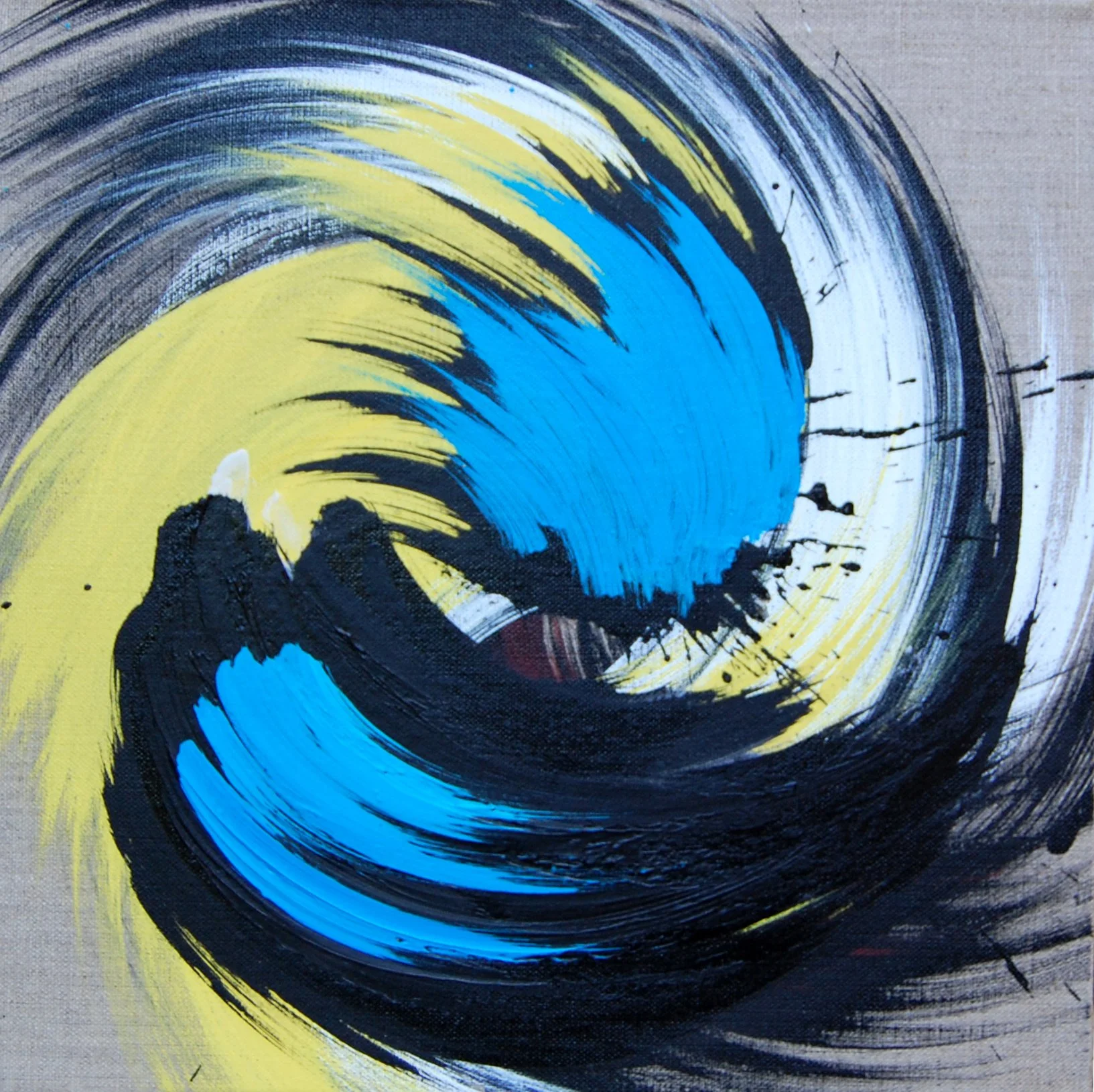 Abstract painting of a swirling wave with blue, yellow, black, and white brushstrokes.