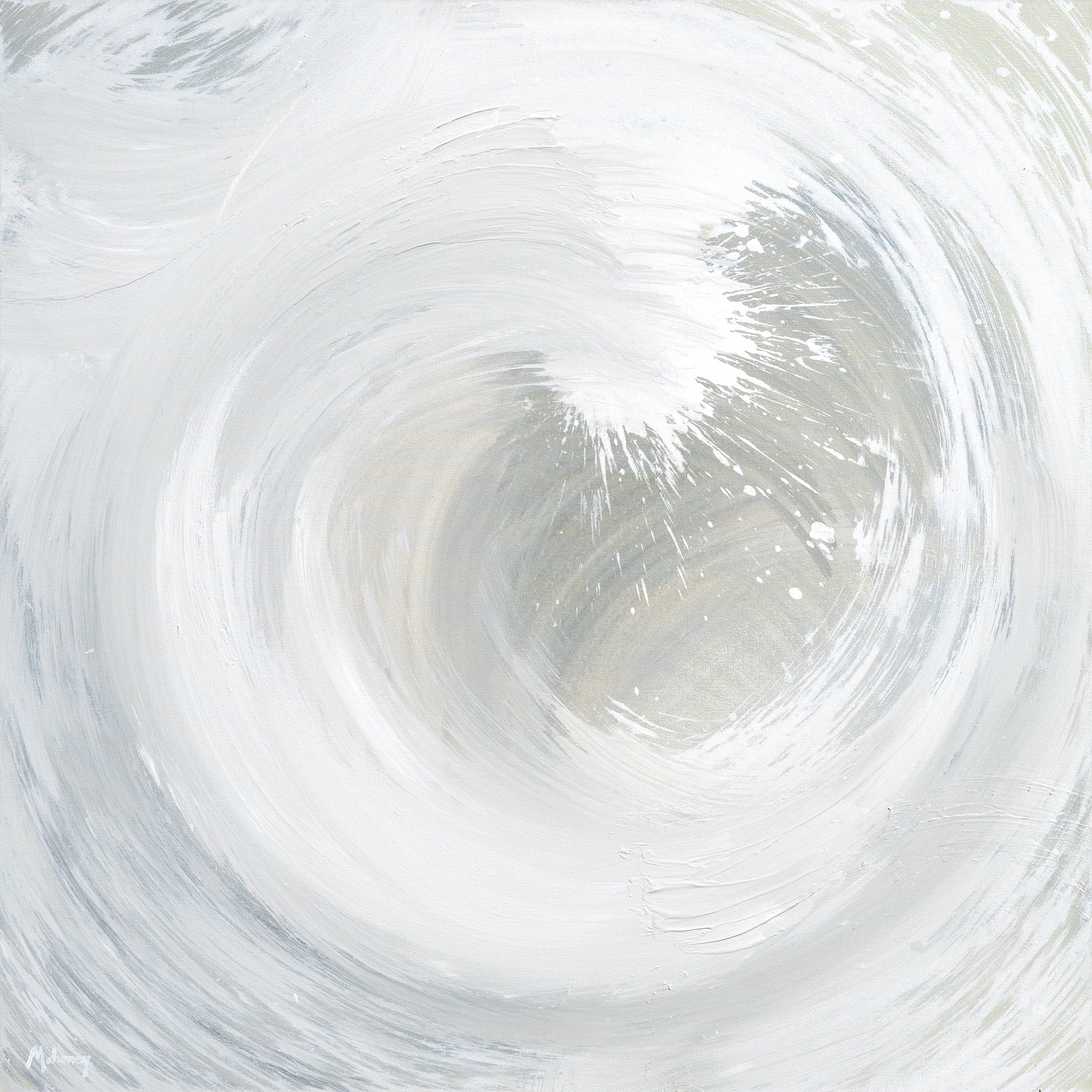 Abstract painting with white, gray, and beige swirling brushstrokes creating a vortex effect.