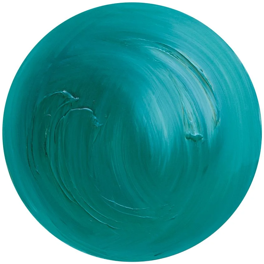 A circular abstract painting with shades of teal and turquoise, featuring textured brush strokes and swirling patterns.