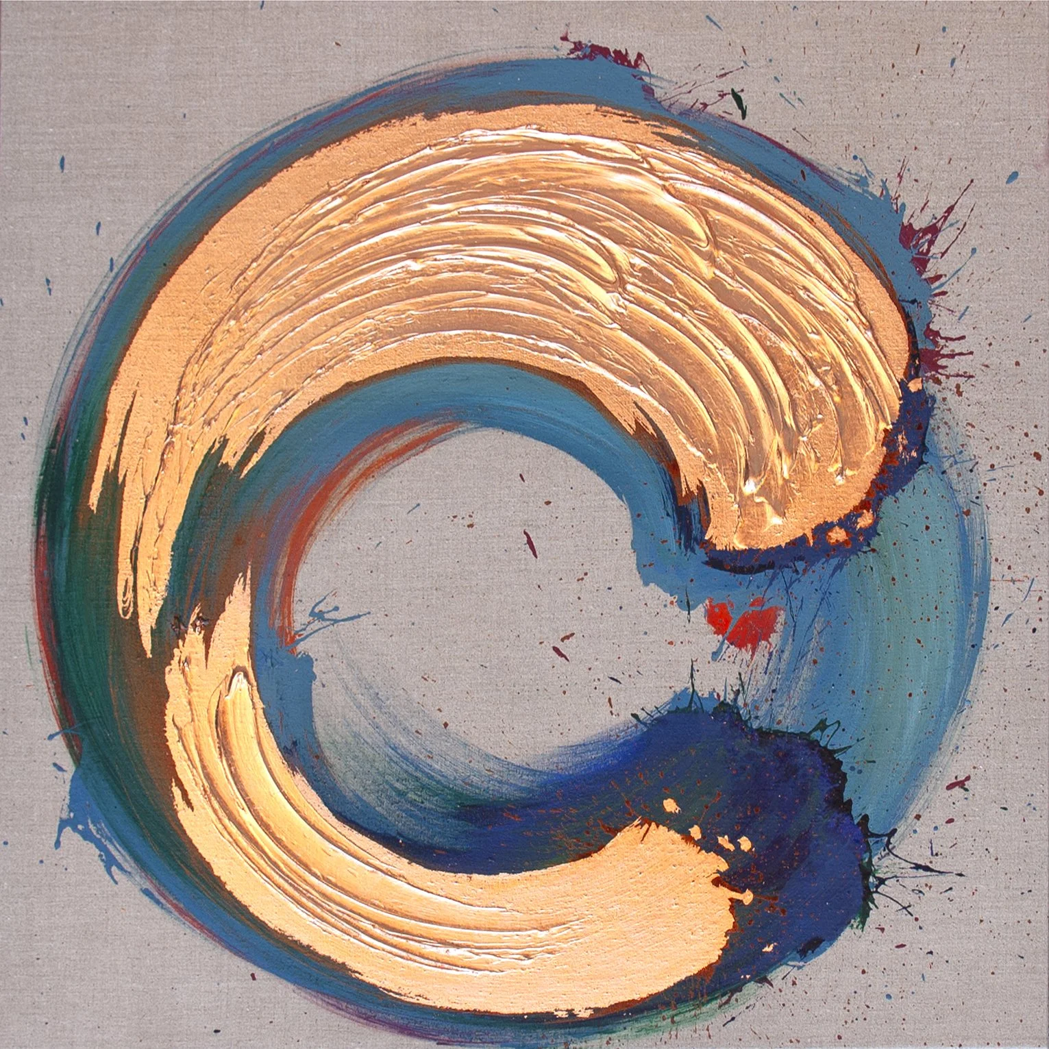 Abstract circular painting with gold, blue, and red paint splatters on a grey canvas background.