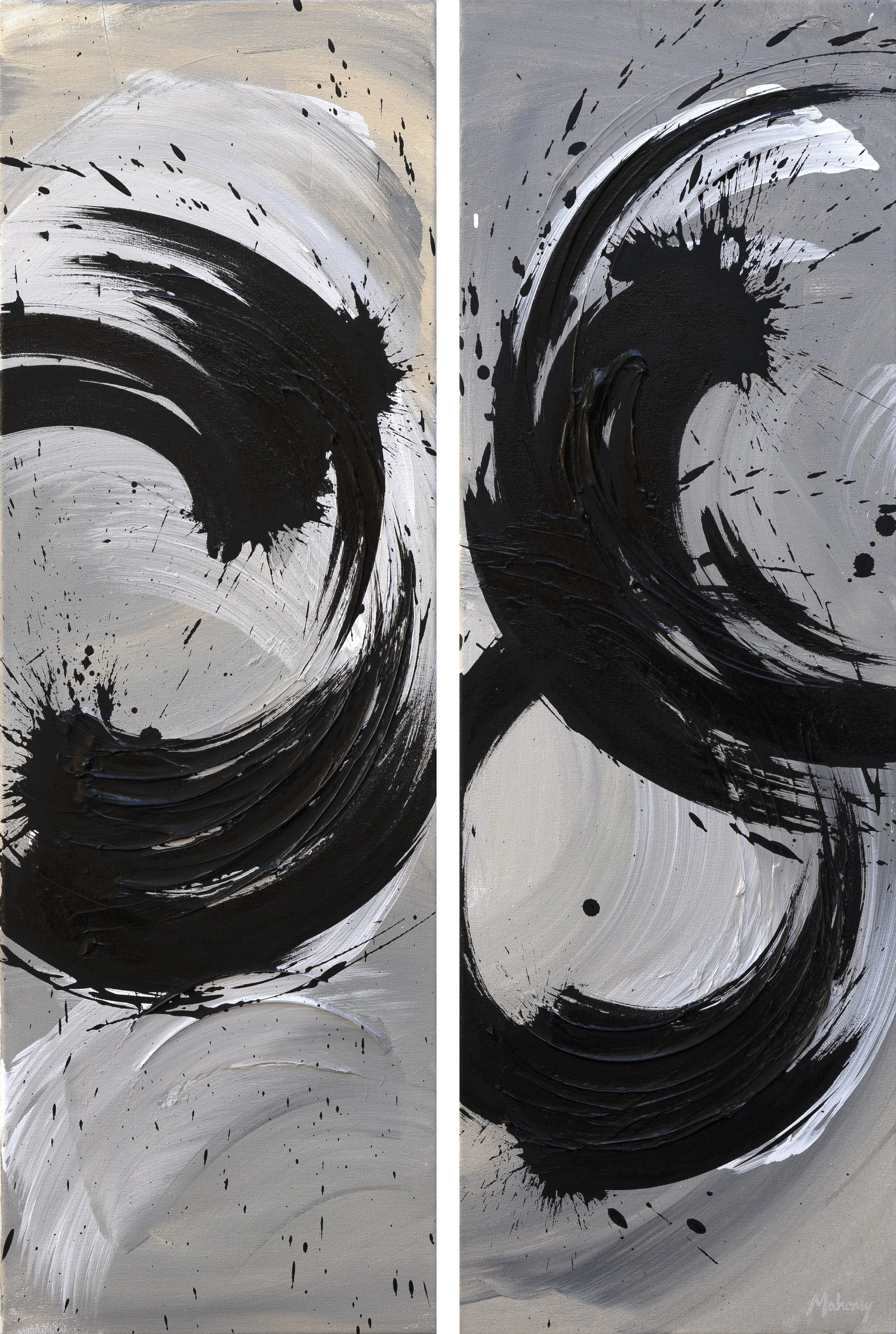 Two abstract paintings with black and white swirling brushstrokes and splatters, divided by a vertical line.