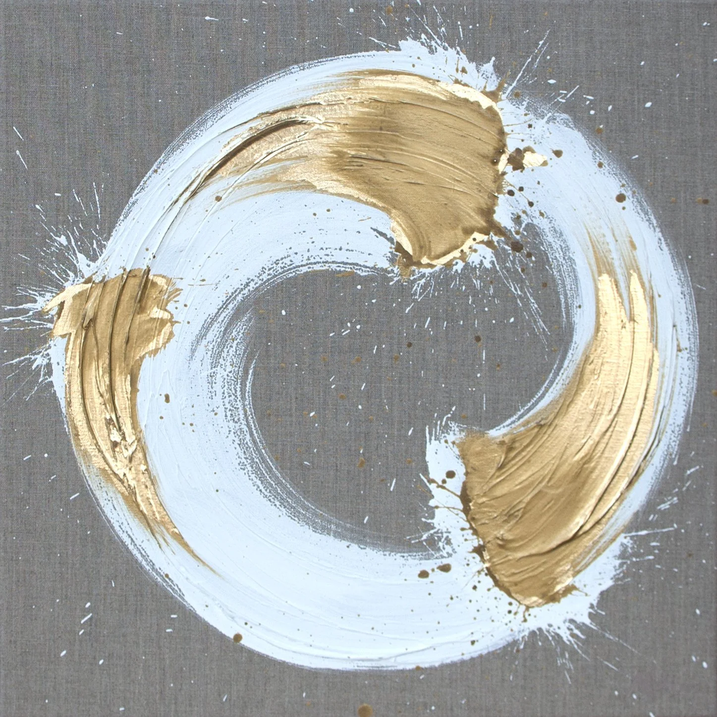 Abstract circular art with white and gold brushstrokes on a textured gray background.