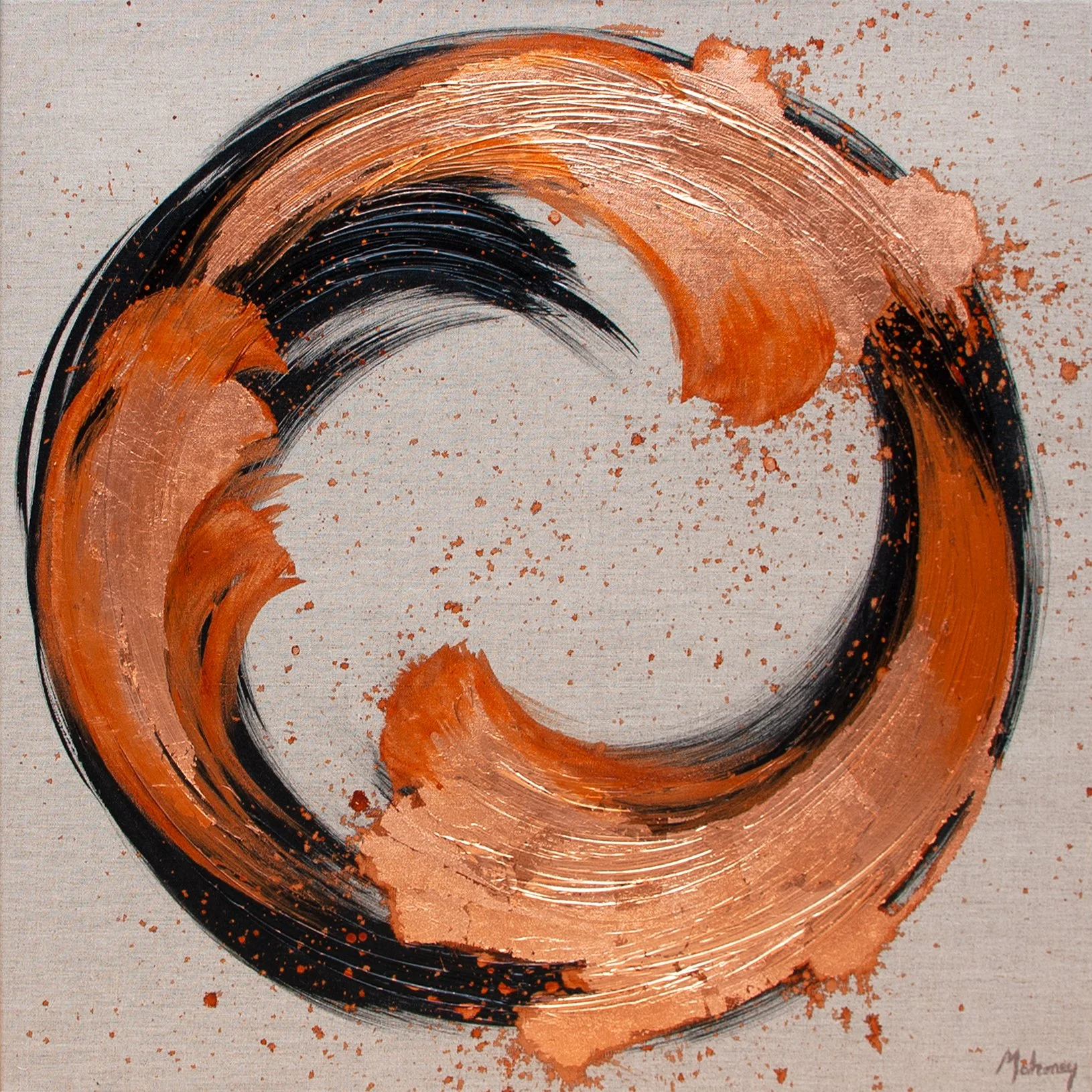 Abstract circular brushstroke artwork with black, copper, and orange colors on a textured beige background.