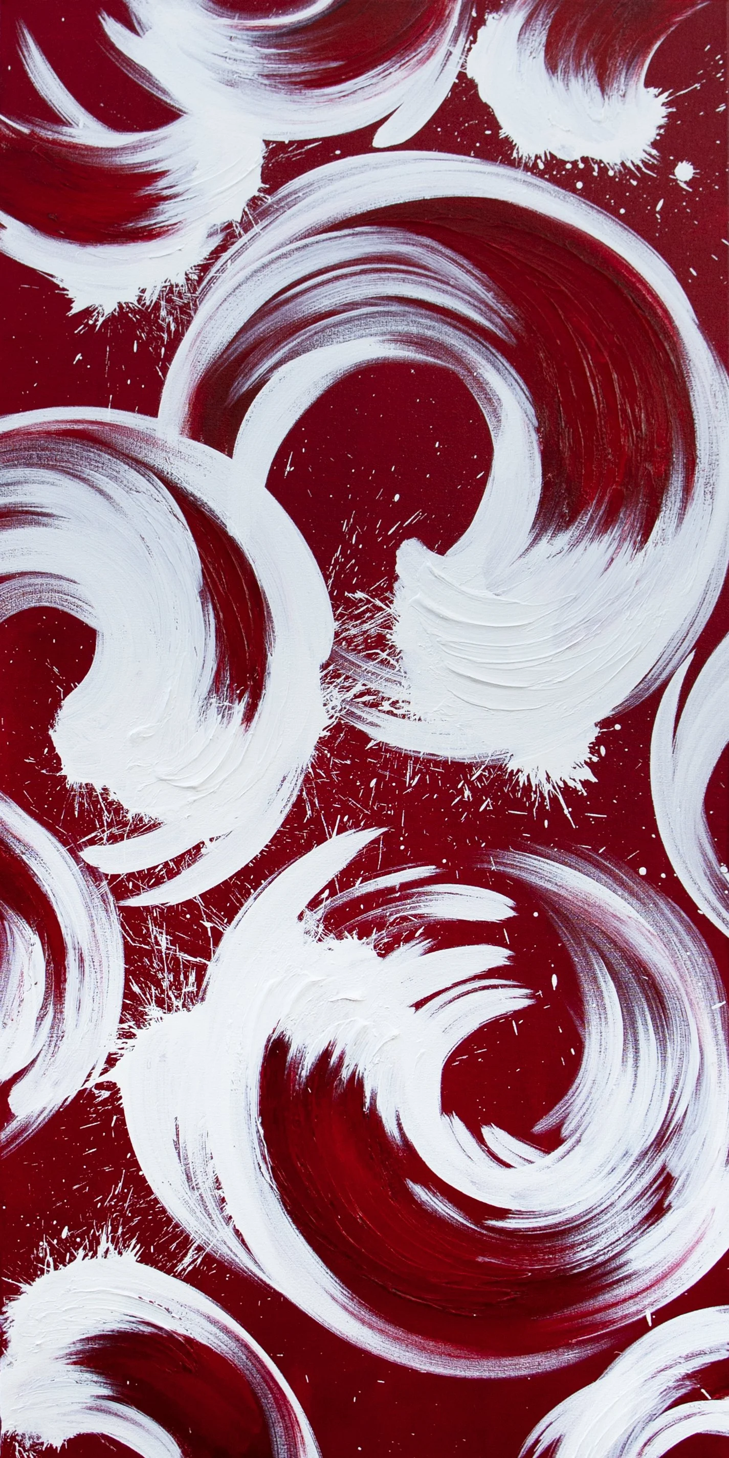 Abstract painting with large white swirling brushstrokes on a red background.
