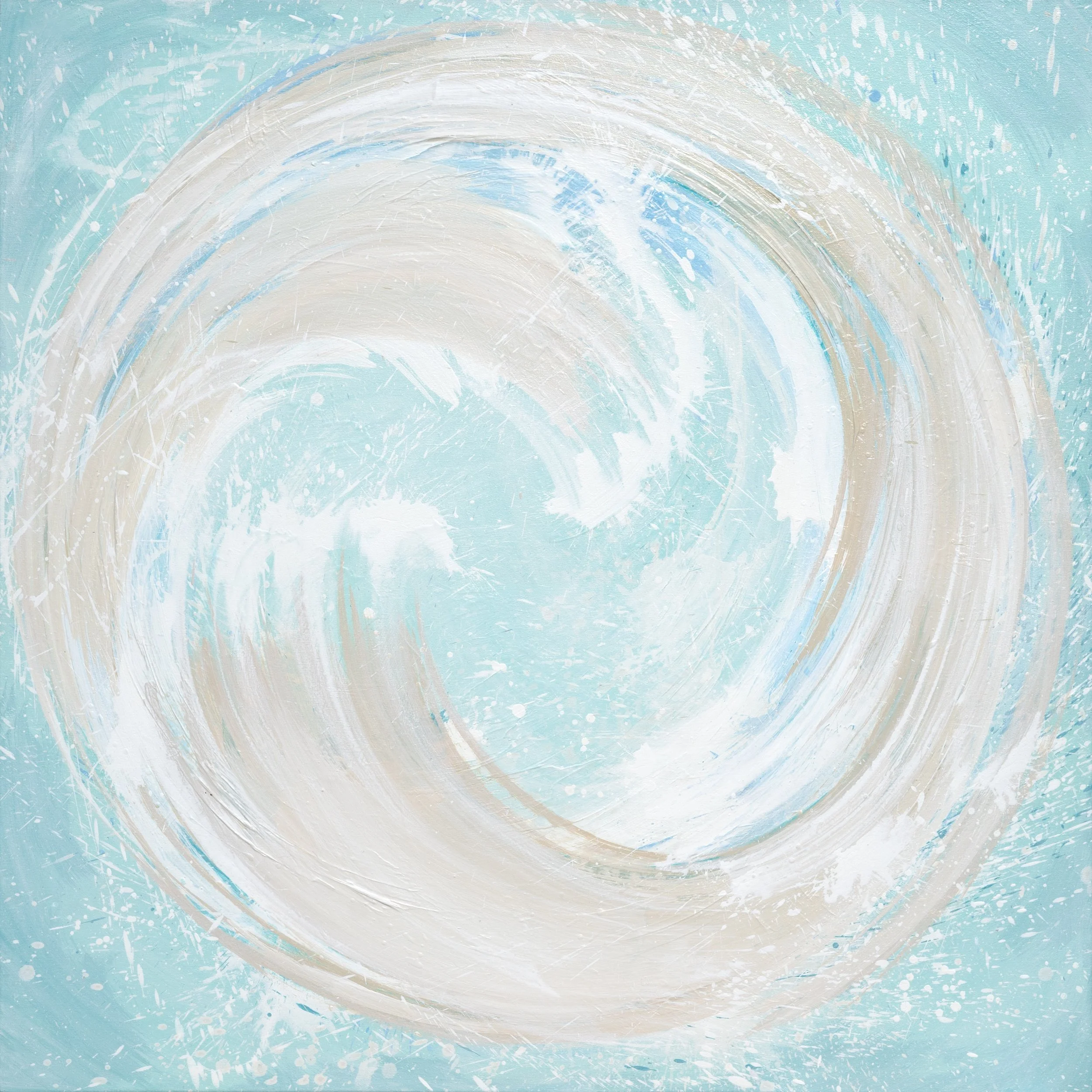 Abstract painting with swirling patterns in shades of white and beige on a light blue background.