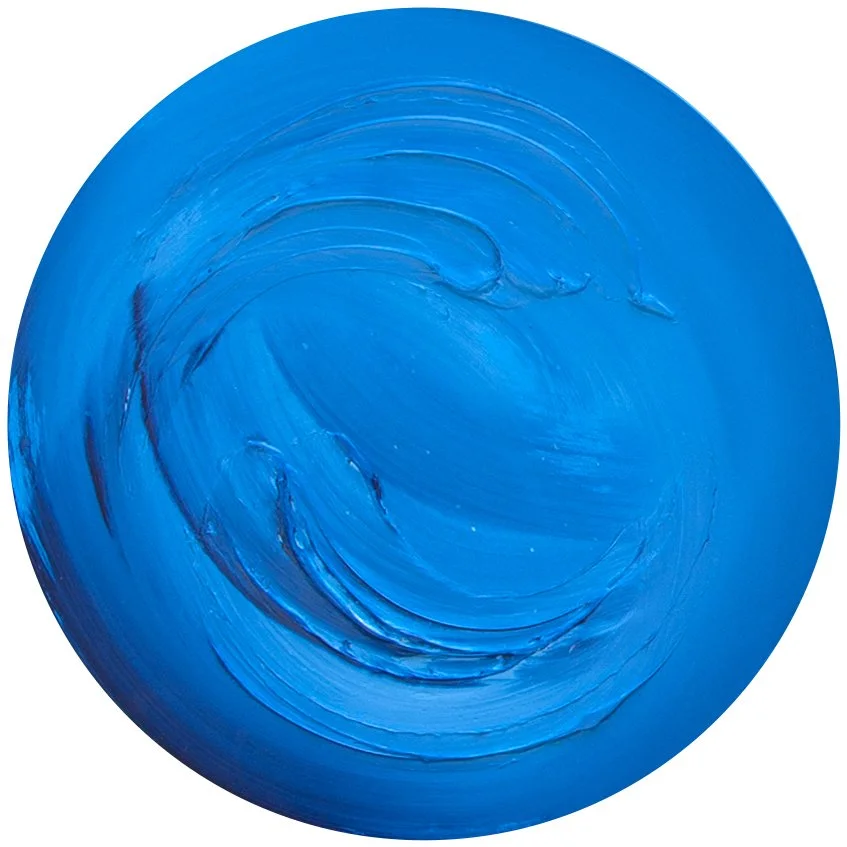 Blue abstract circular painting with textured brush strokes.