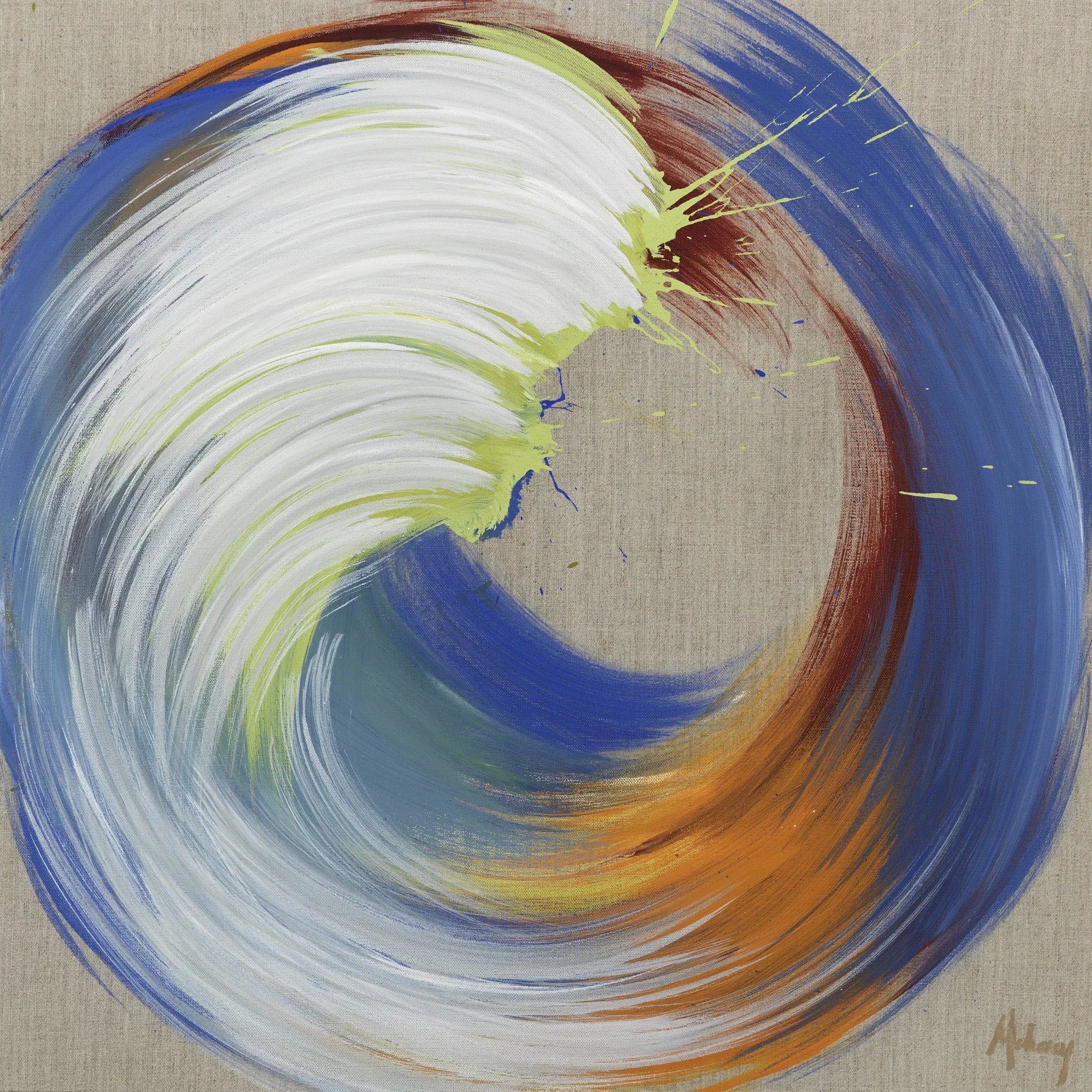 Abstract painting of a large, swirling wave with broad, colorful brushstrokes in blue, white, green, orange, and red on a beige textured background.