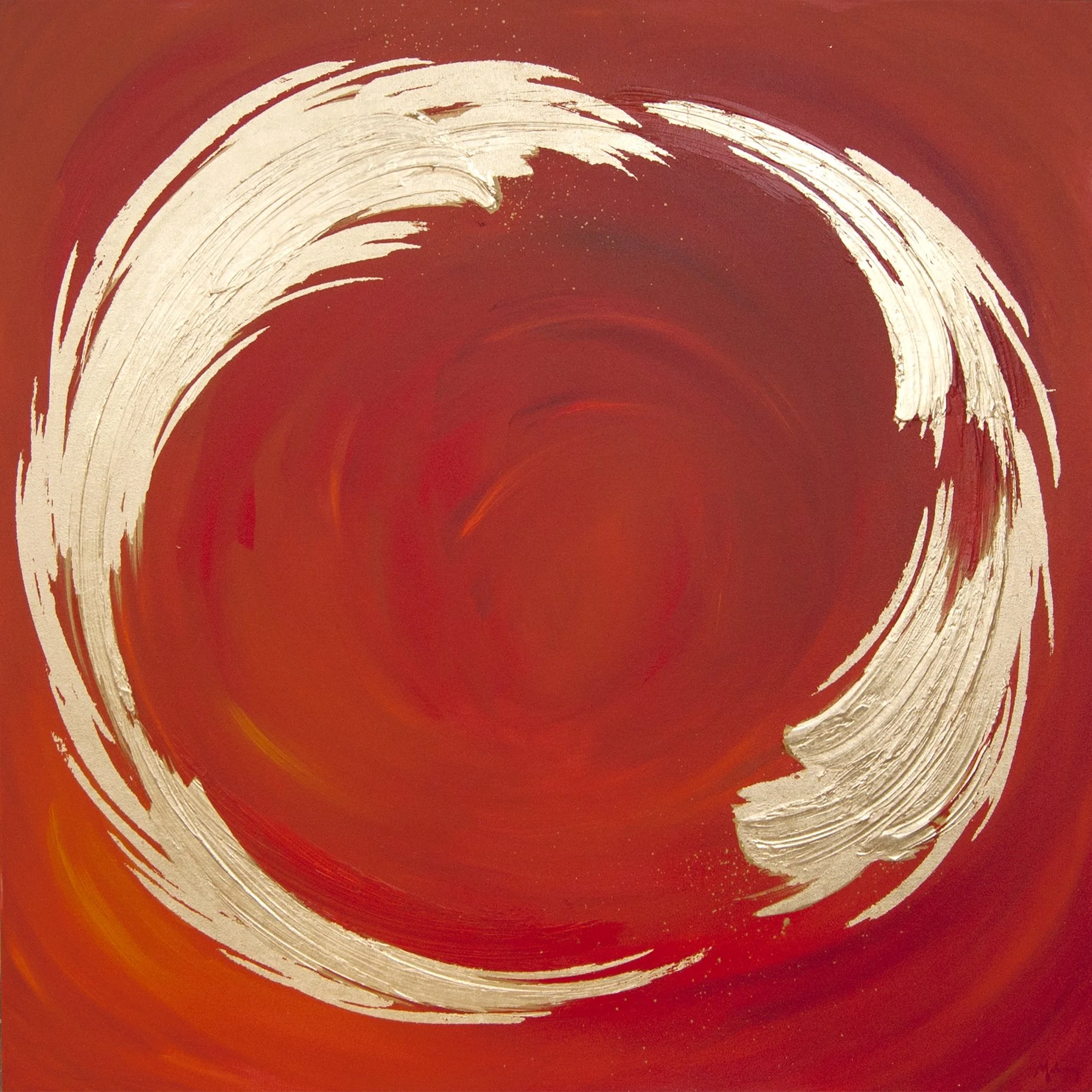 Abstract art with a red background and a large white circular brushstroke in the center.