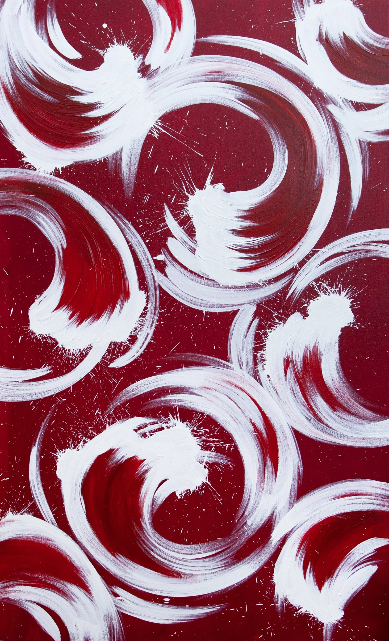 Abstract painting with red background and white swirling brushstrokes.