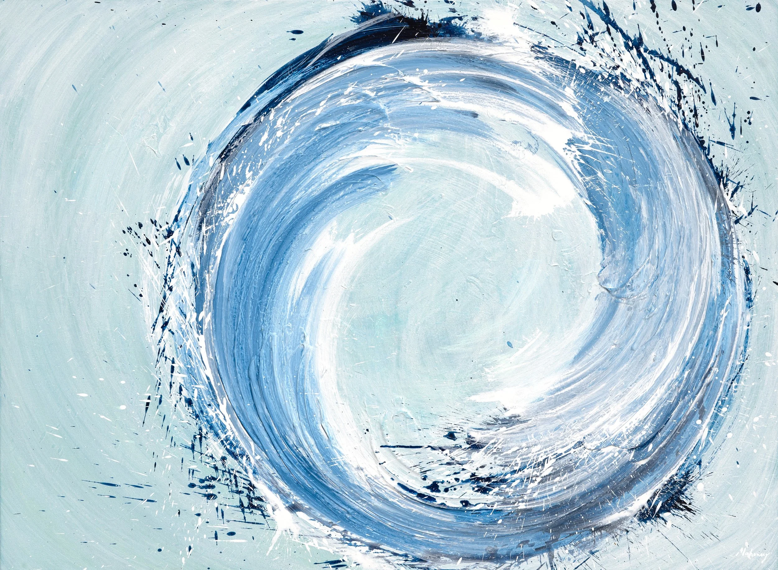 Abstract painting of a swirling blue and white vortex.