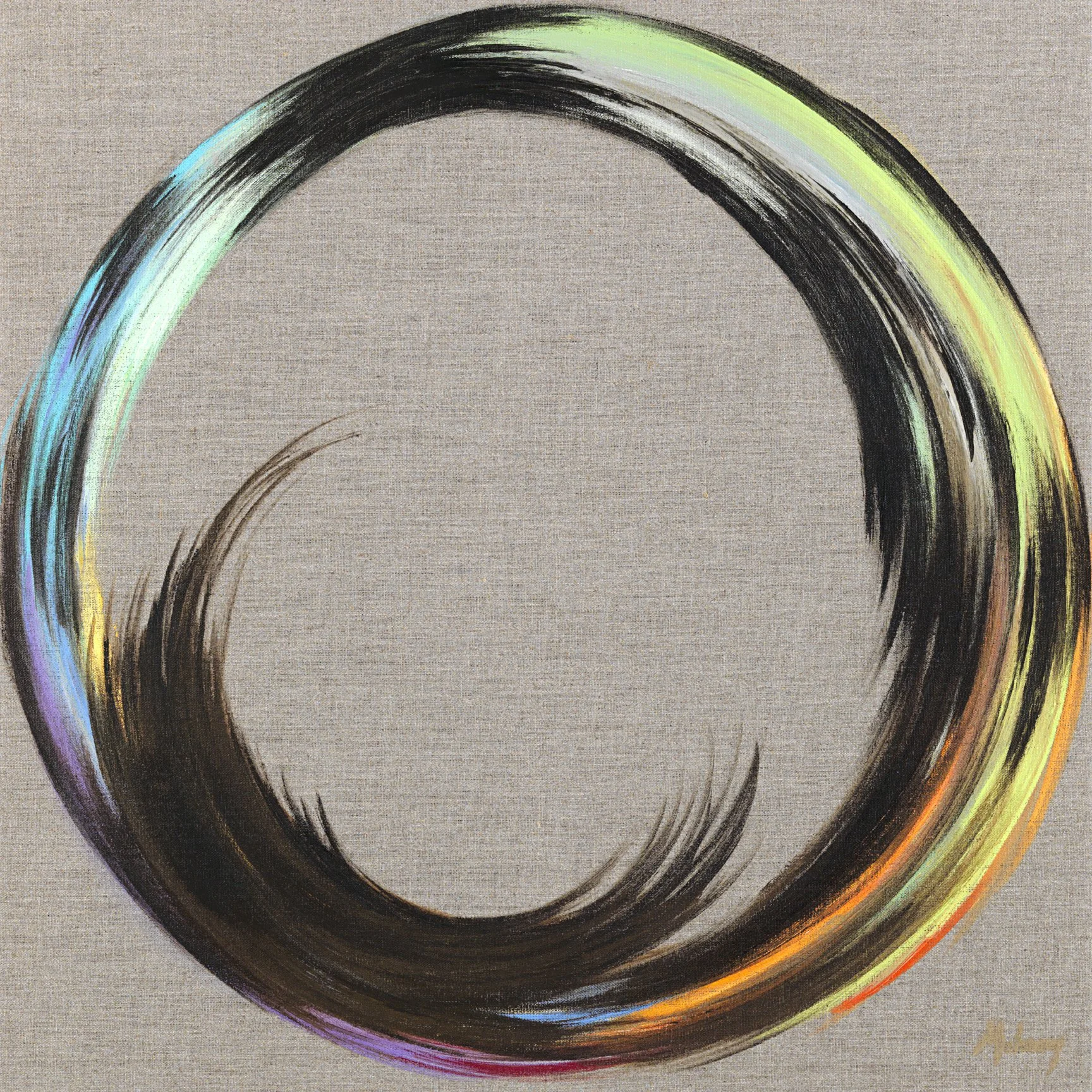 A circular abstract painting with black brushstrokes forming a spiral, accented with rainbow-like colors, on beige textured canvas.