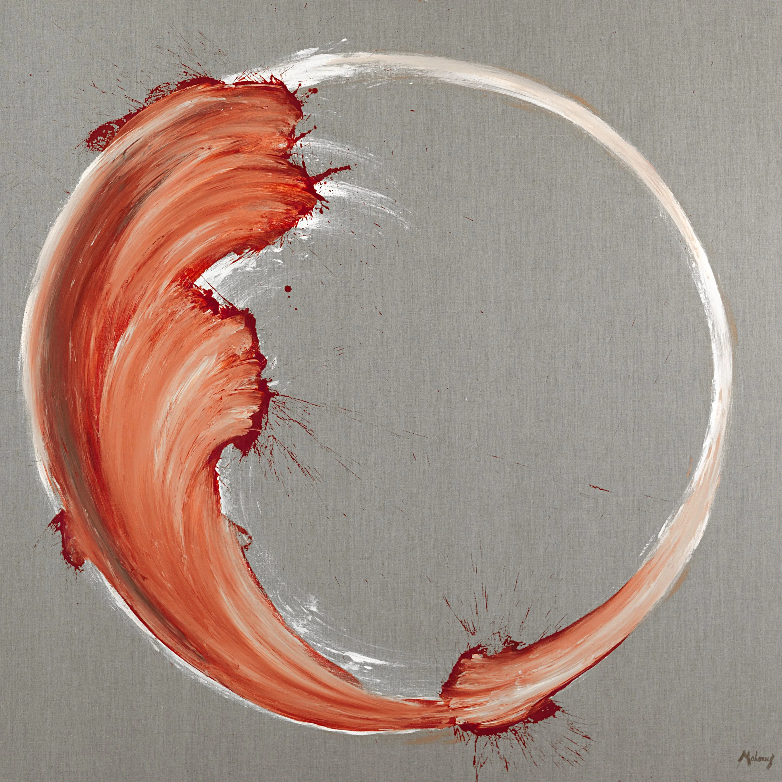 Abstract circular brushstroke in shades of red and white on a gray background.