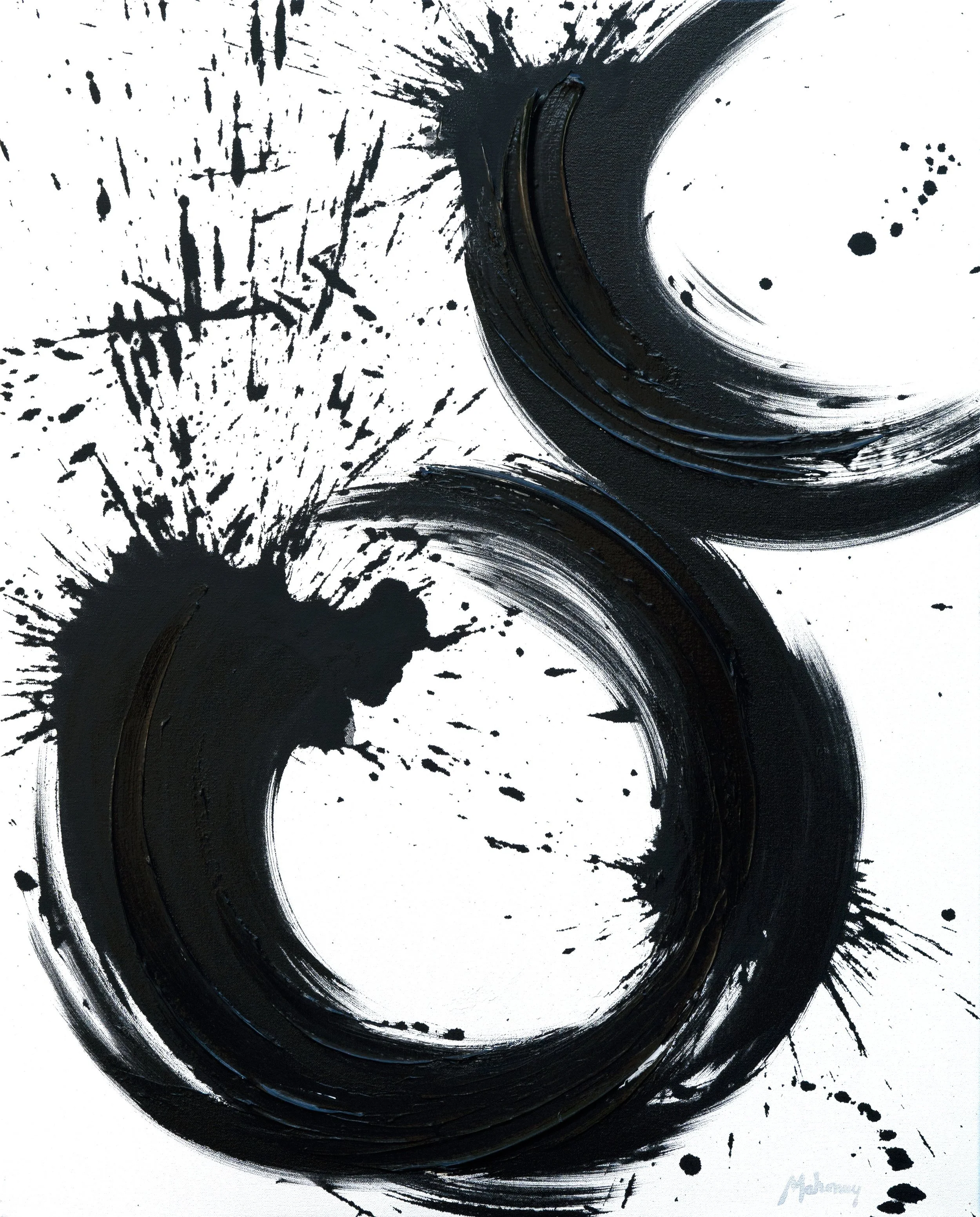 Abstract black ink circles and splatters on white background.