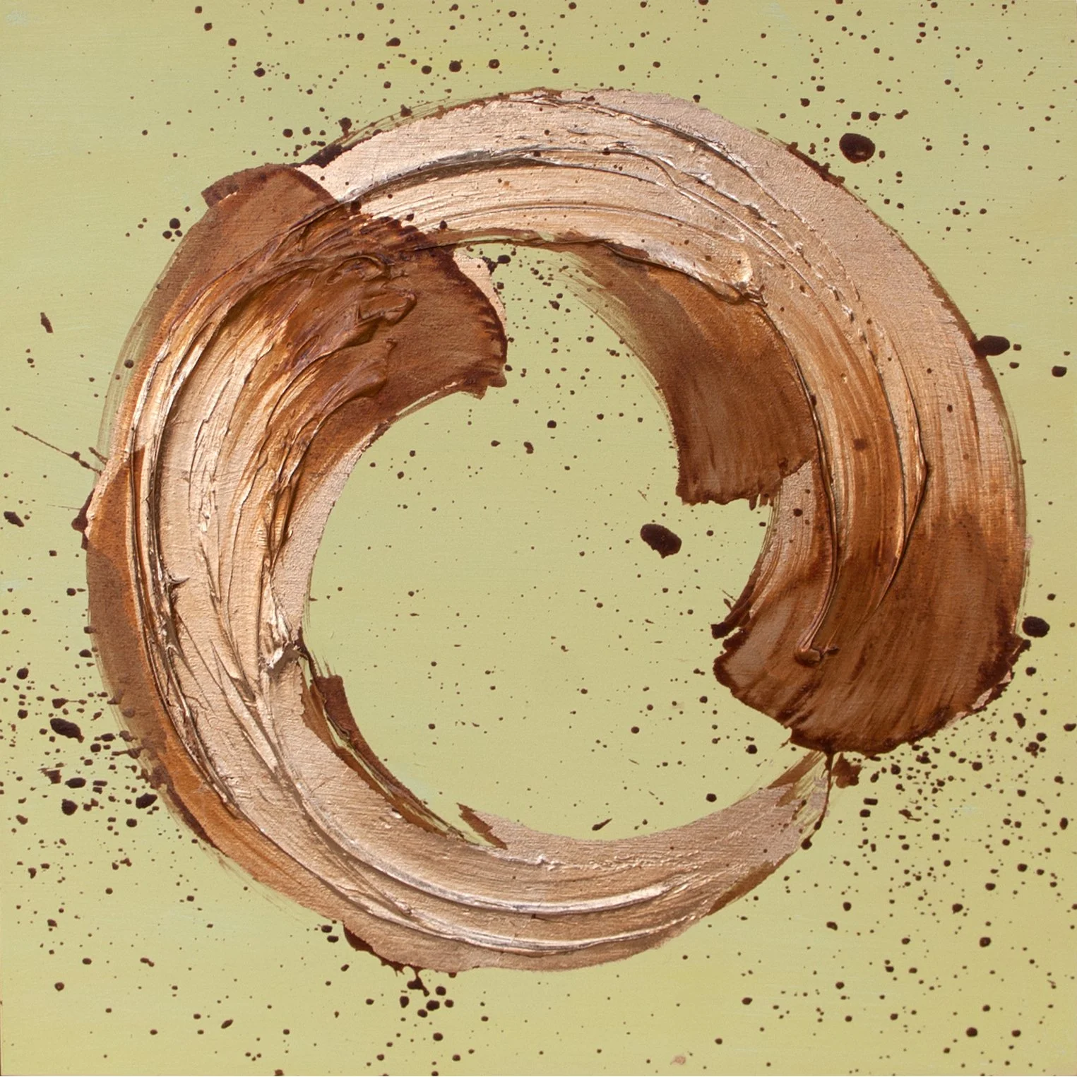 Abstract painting with a brown, circular brushstroke on a light green background with dark splatters.