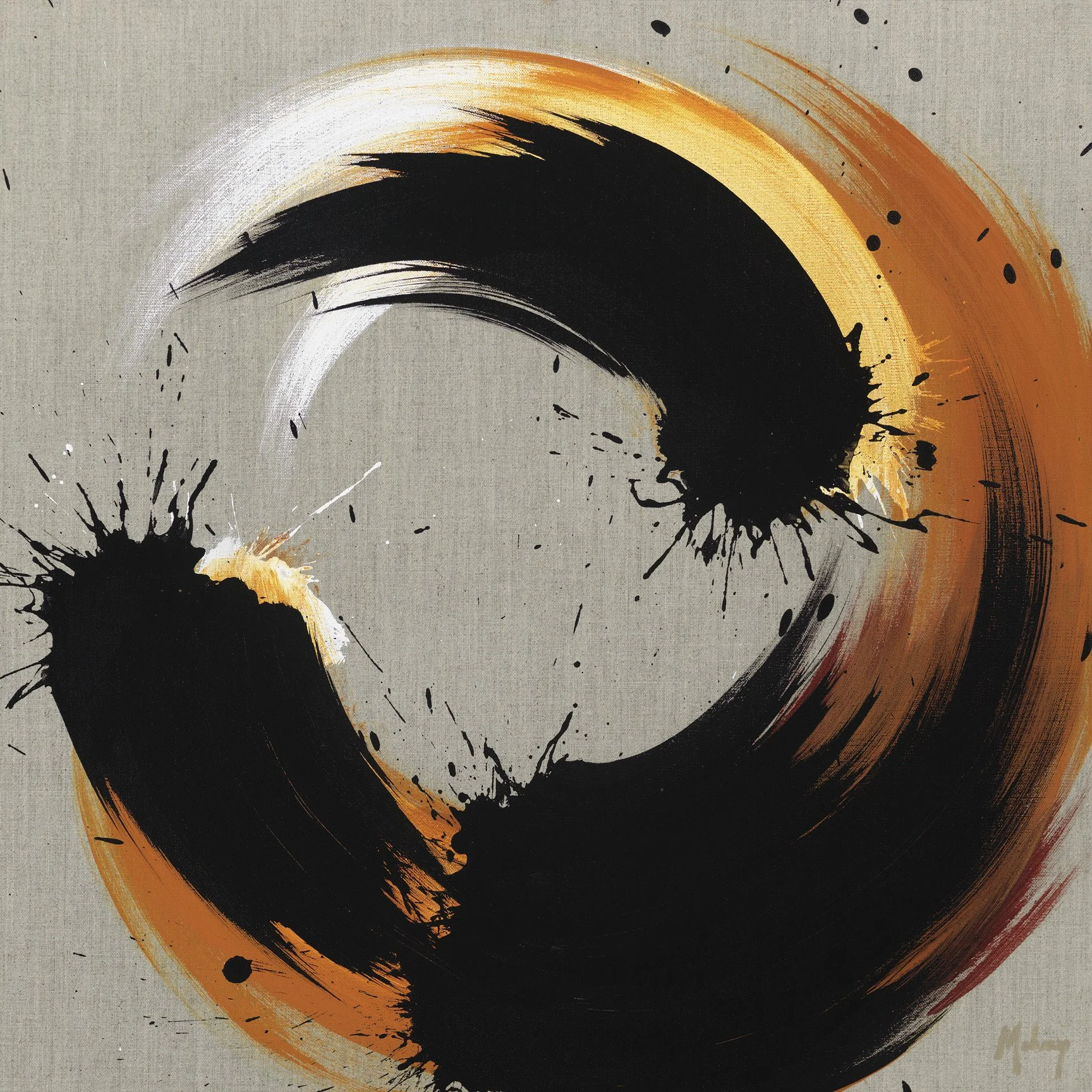 Abstract artwork with a large black swoosh, orange, white, and black splashes, and bold brushstrokes on a gray textured background.