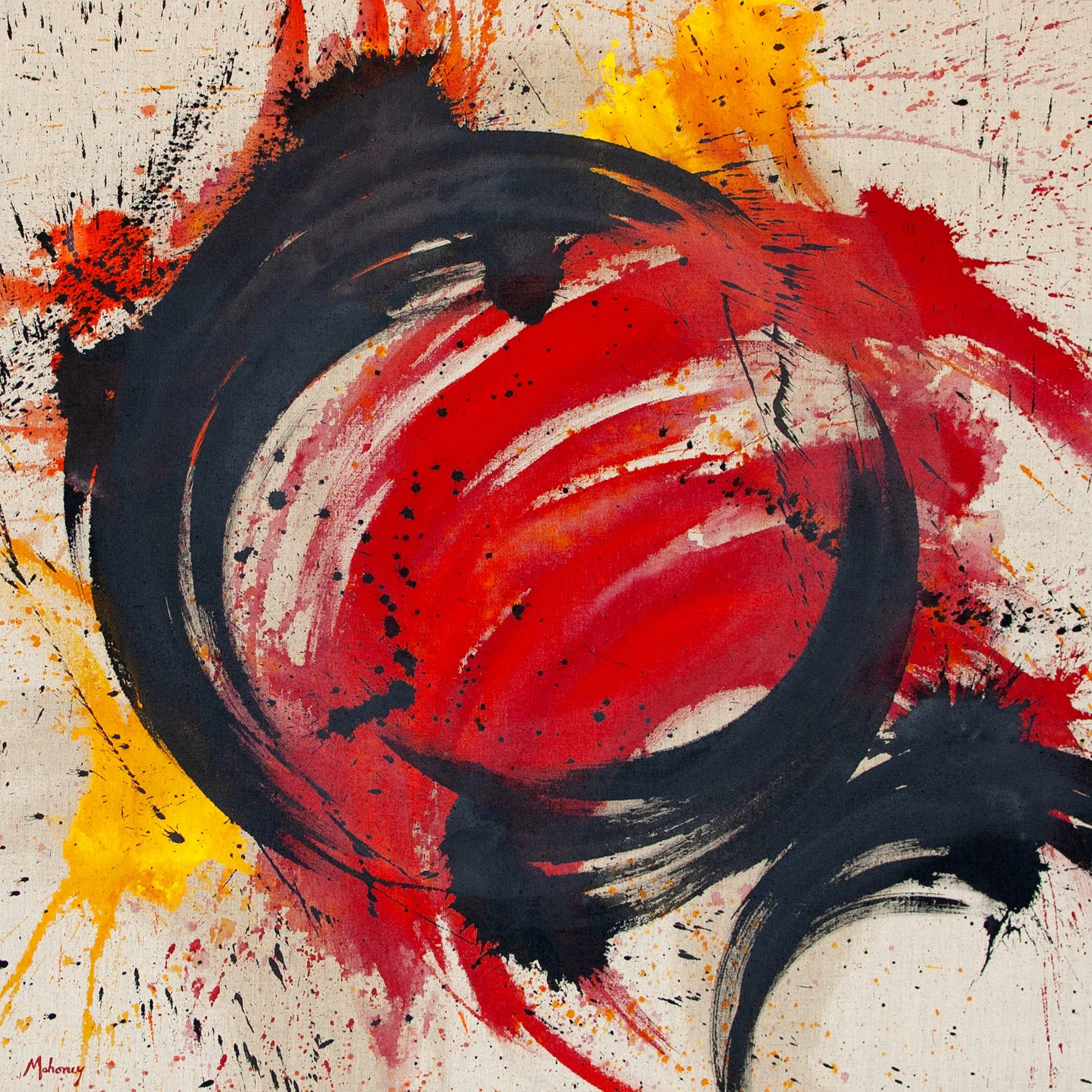 Abstract painting featuring bold black circular brushstrokes with red, orange, and yellow splashes and strokes on a beige background.