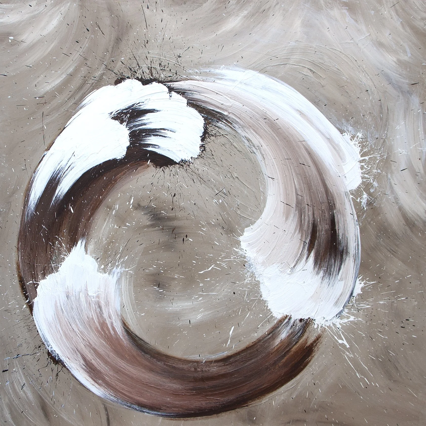 Abstract painting with a circular brushstroke in brown, white, and black on a beige background.