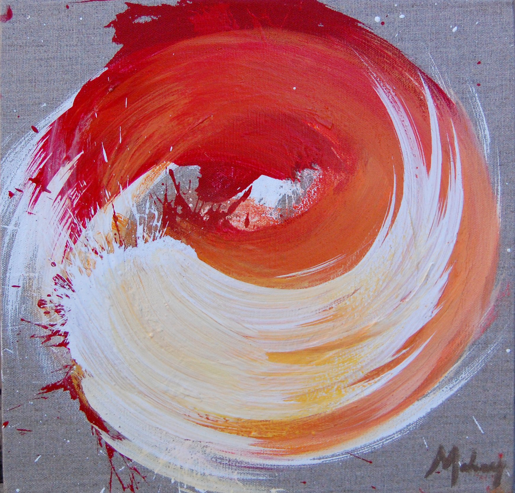 Abstract painting with swirling red, orange, white, and beige strokes on a gray background.