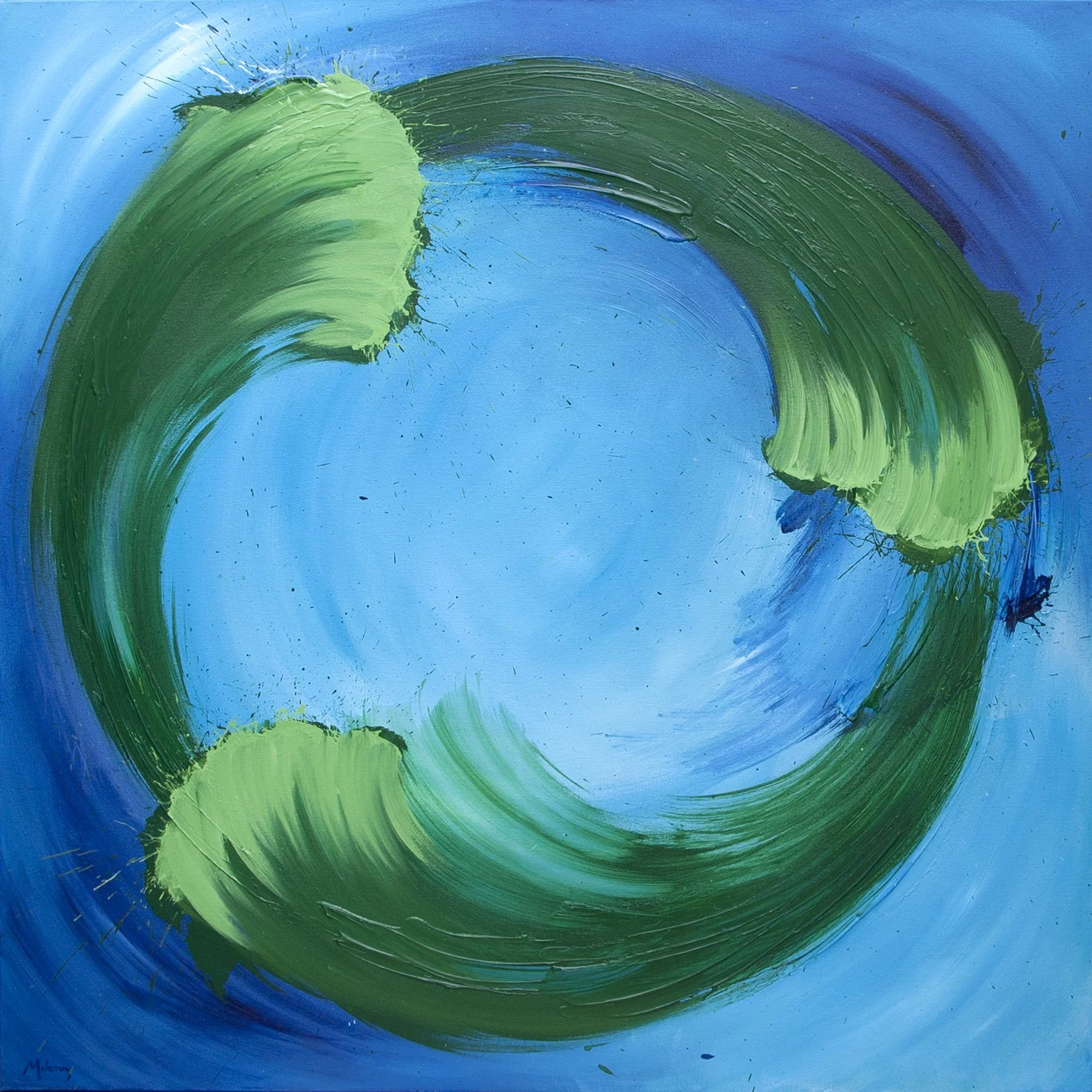 Abstract painting with a circular motion in shades of blue and green.