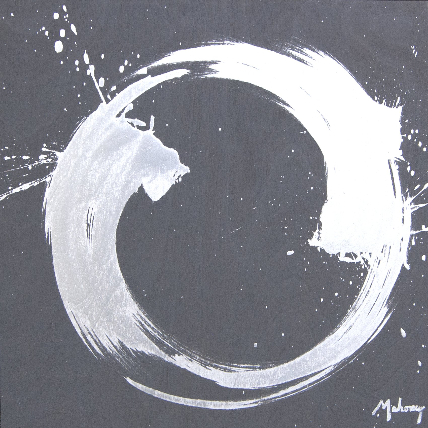 A white, circular brush stroke on a dark background, resembling an abstract yin-yang symbol with splatters of white paint.